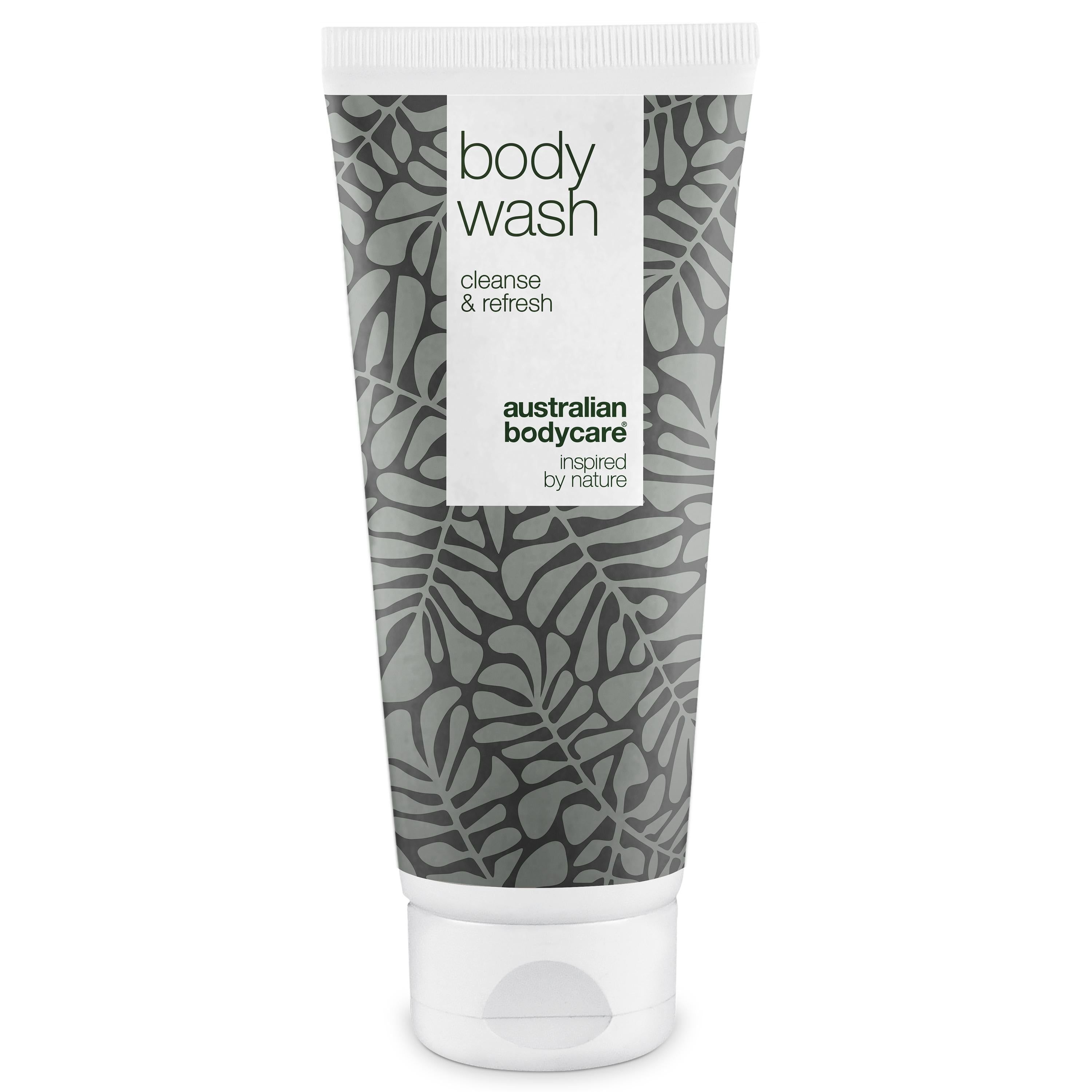 Tube de Body Wash. Motif de feuilles grises, bouchon blanc. Inscription: Australian Bodycare.