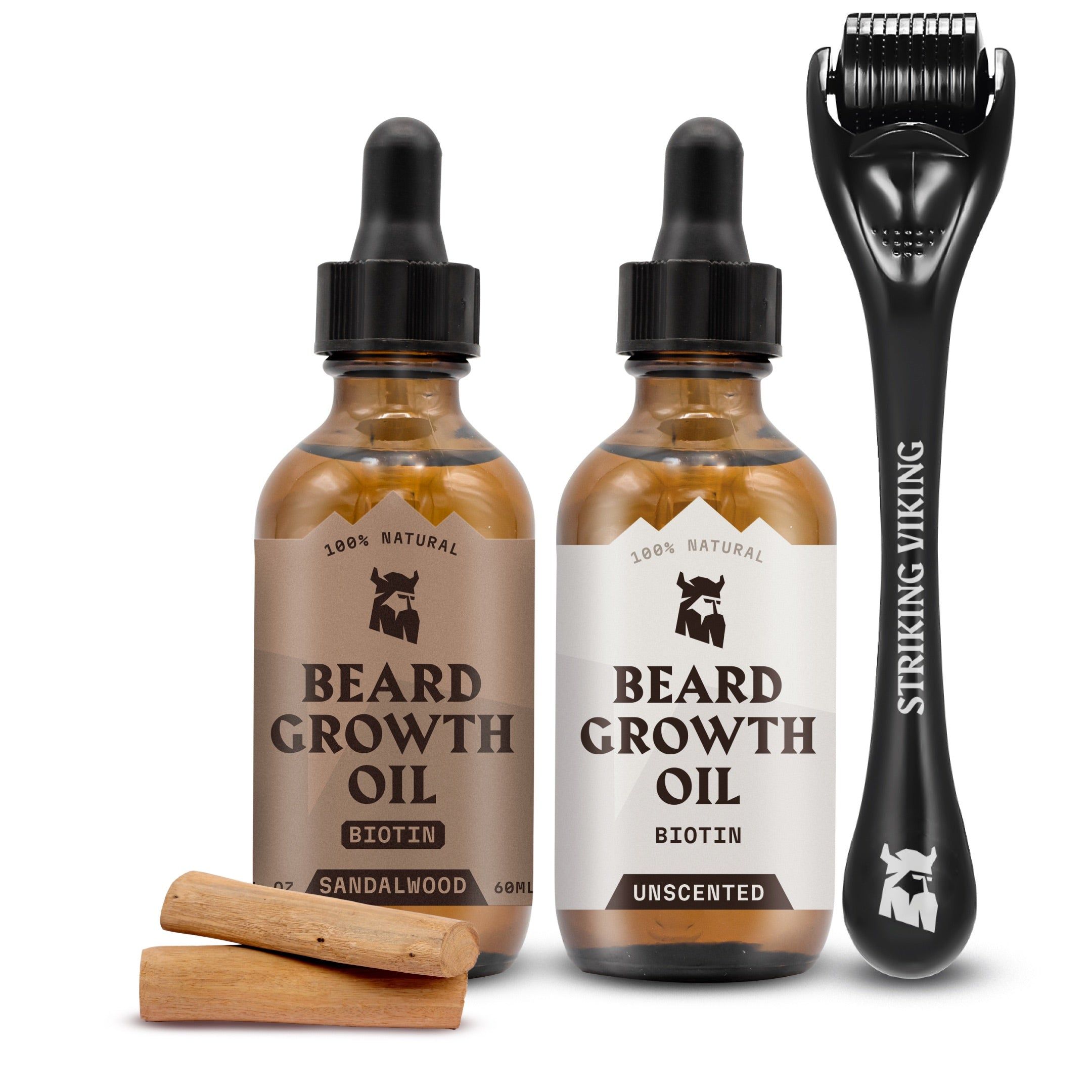 Striking Viking Huile de Croissance de Barbe Bois de Santal & Sans Parfum + Ensemble Derma Roller