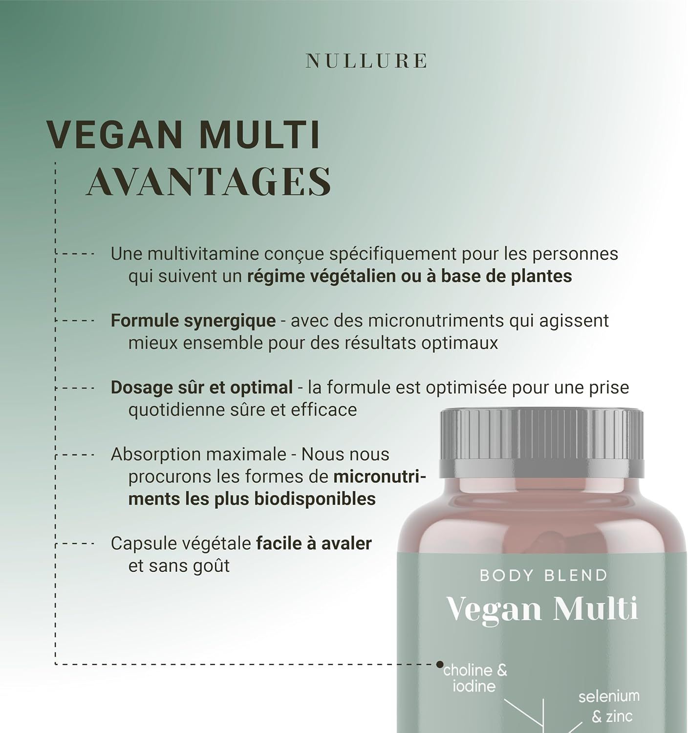 Bouteille de multivitamines végétaliennes, avec "Vegan Multi" et "Body Blend" sur l'étiquette.