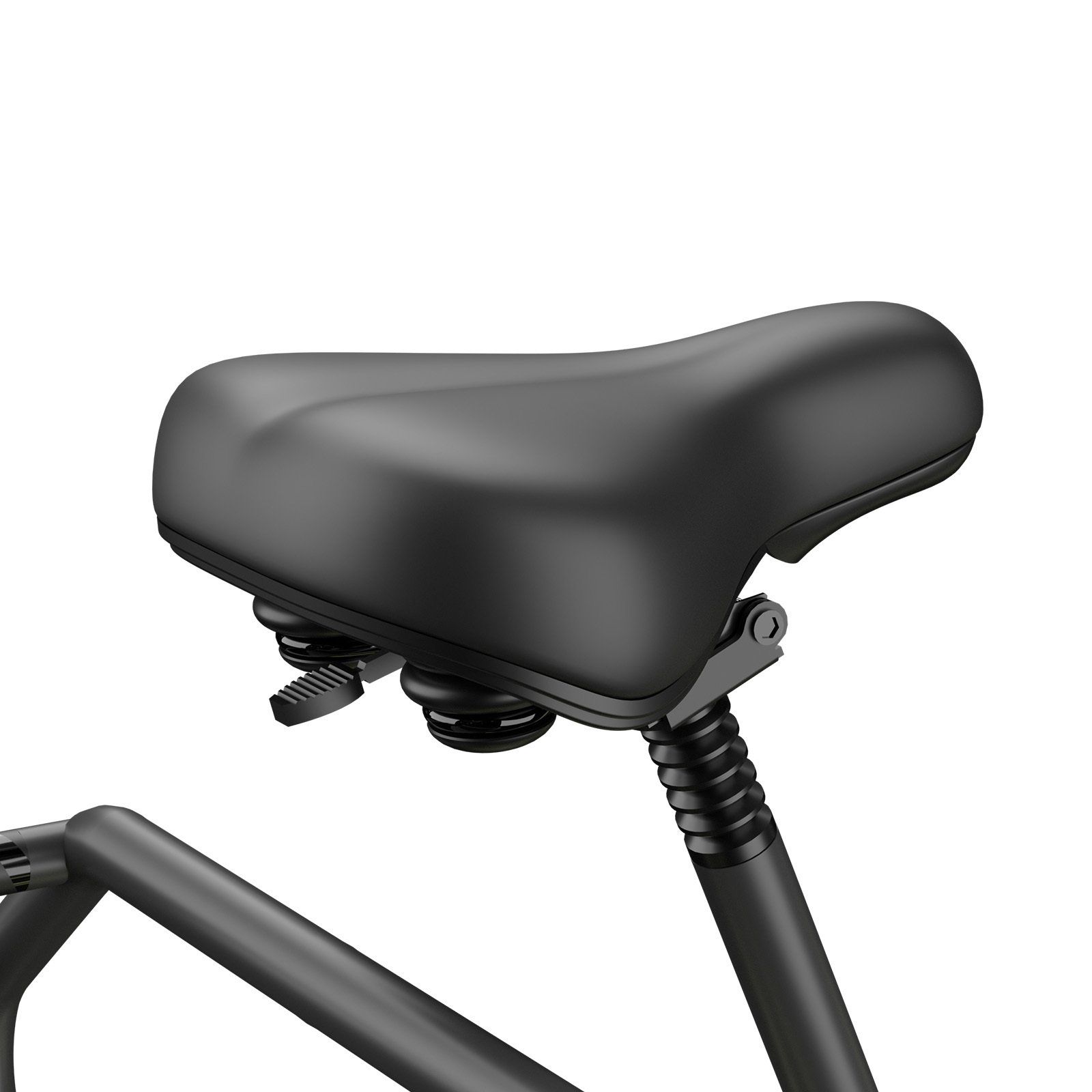 Gros plan de la selle suspendue d'un vélo cargo électrique gris.