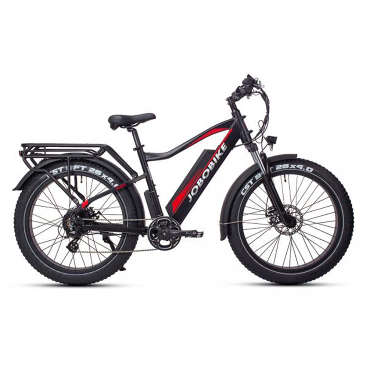 Vélo électrique JOBOBIKE Robin noir avec accents rouges. Gros pneus, porte-bagages, garde-boue. Logo JOBOBIKE.