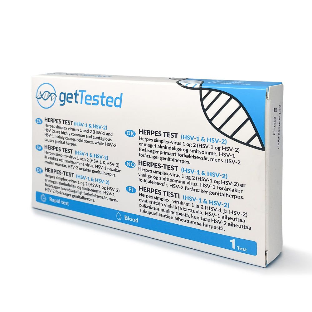 GetTested Herpes testverpakking. Bevat informatie over herpes simplex virussen. Bevat 1 test.