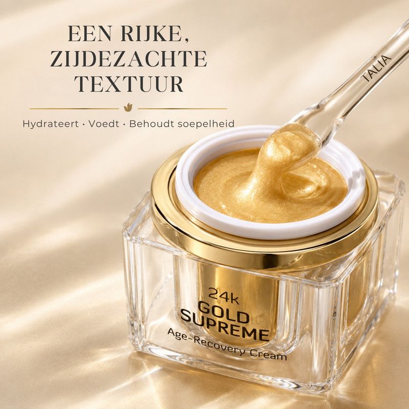 Een pot Talia 24k Gold Supreme Age-Recovery Cream met een spatel.