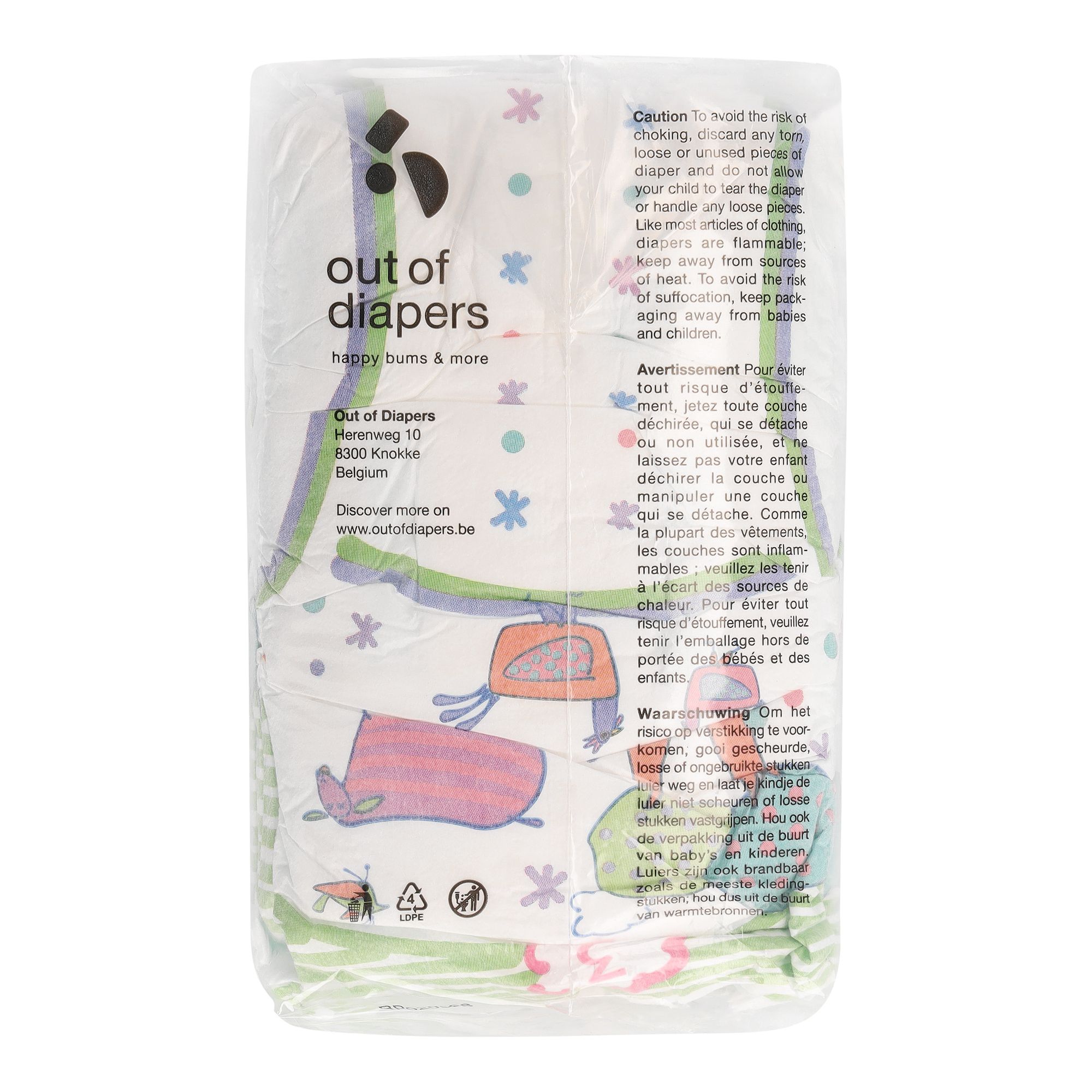 Verpakking met luiers. 'Out of diapers' logo en productinformatie. Transparante verpakking.