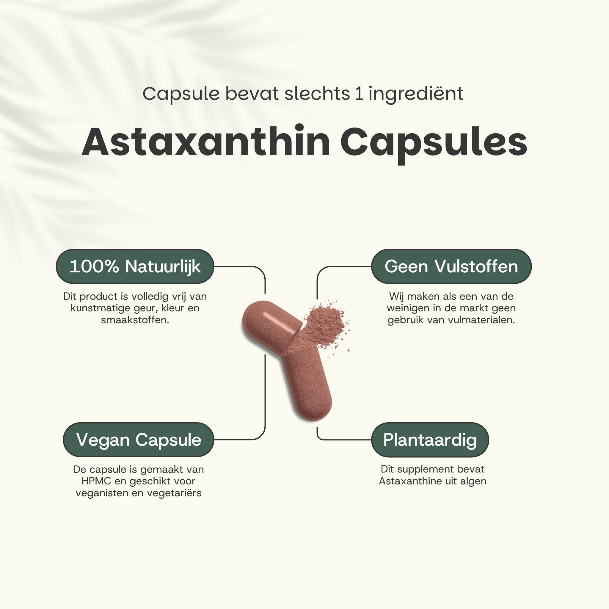 Bruine astaxanthine capsule met inhoud. Tekst: 'Astaxanthine Capsules'. 100% natuurlijk. Veganistisch. Plantaardig.