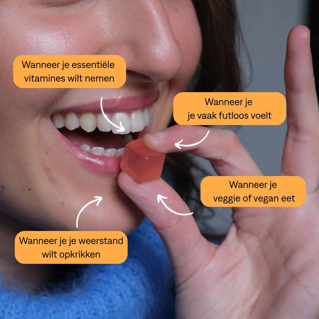 GIMMY Multivit Gummies. Vrouw eet gummy. Tekst: Wanneer vitamines, vermoeidheid, vegetarisch/veganistisch, immuunsysteem versterken.