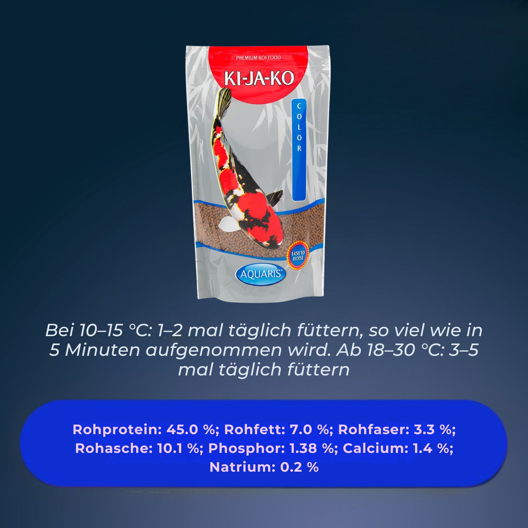 Emballage de nourriture pour carpes koï KI-JA-KO Color 3 mm. Contient des informations nutritionnelles : protéines brutes, matières grasses brutes, fibres brutes, phosphore, calcium, sodium.