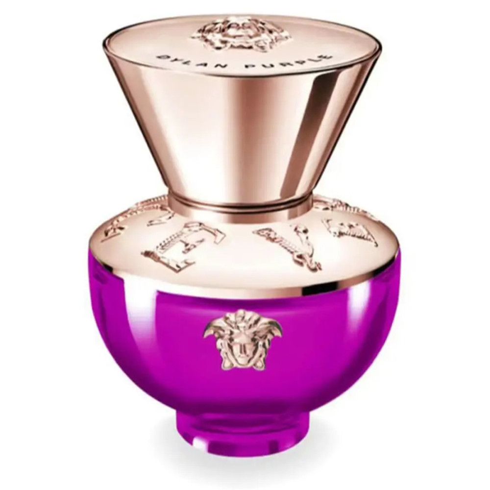 Versace Pour Femme Dylan Purple Eau de Parfum Spray. Flacon violet avec bouchon doré. Logo Medusa.