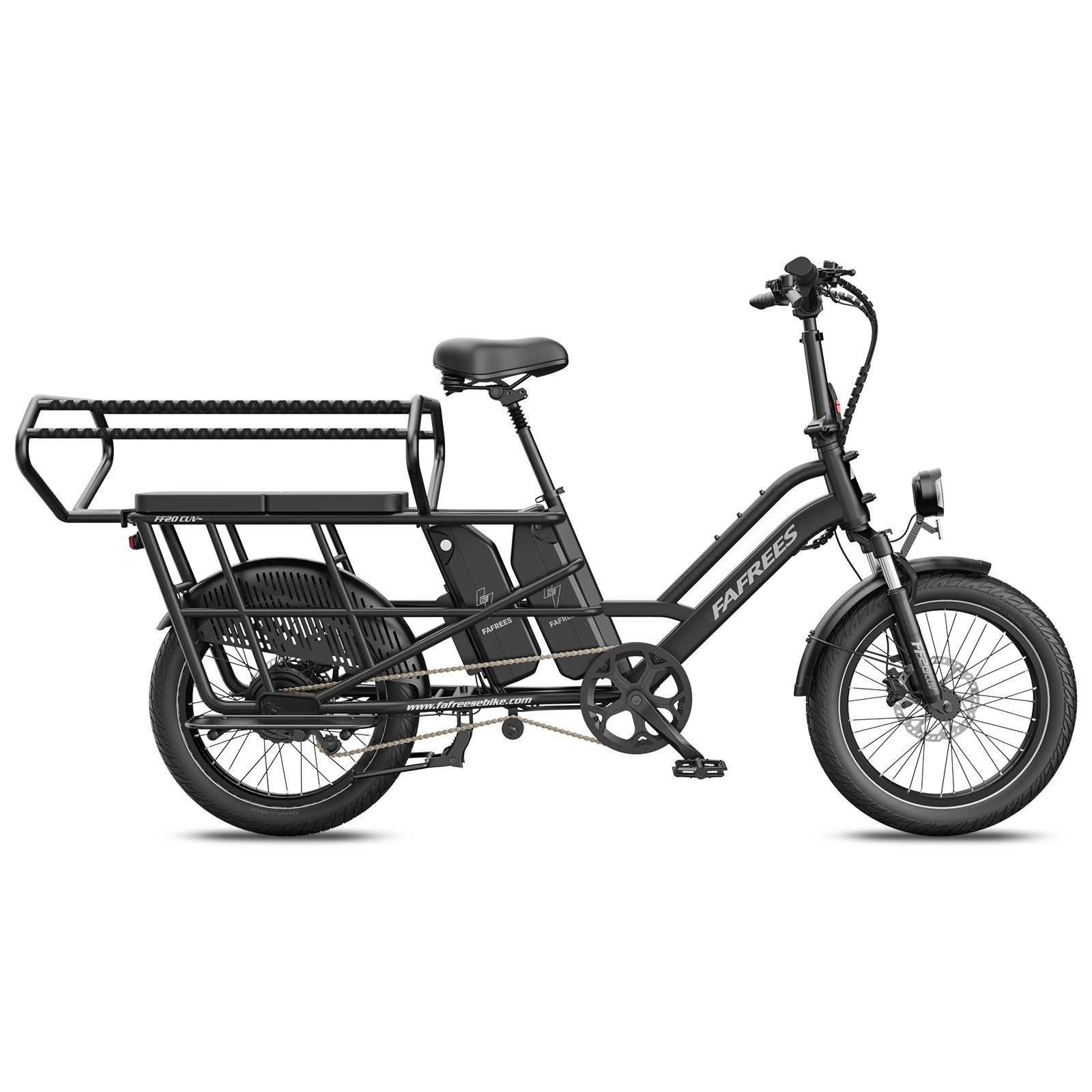 Vue latérale d'un vélo électrique Fafrees FF20 CUV noir avec deux batteries et porte-bagages.