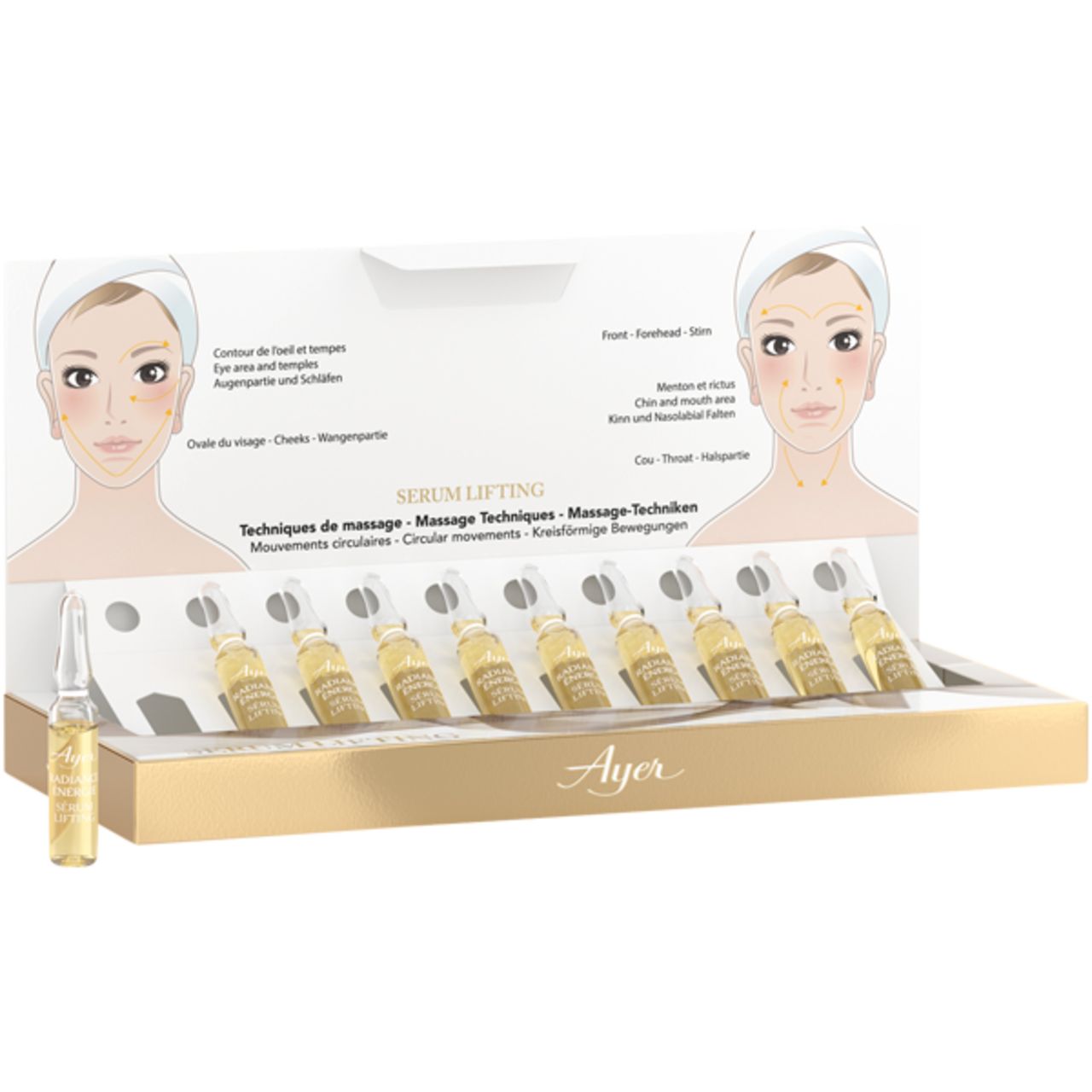 Verpakking met ampullen. Ayer Serum Lifting. Gezichtsweergave met massagepunten. Eén ampul verwijderd.
