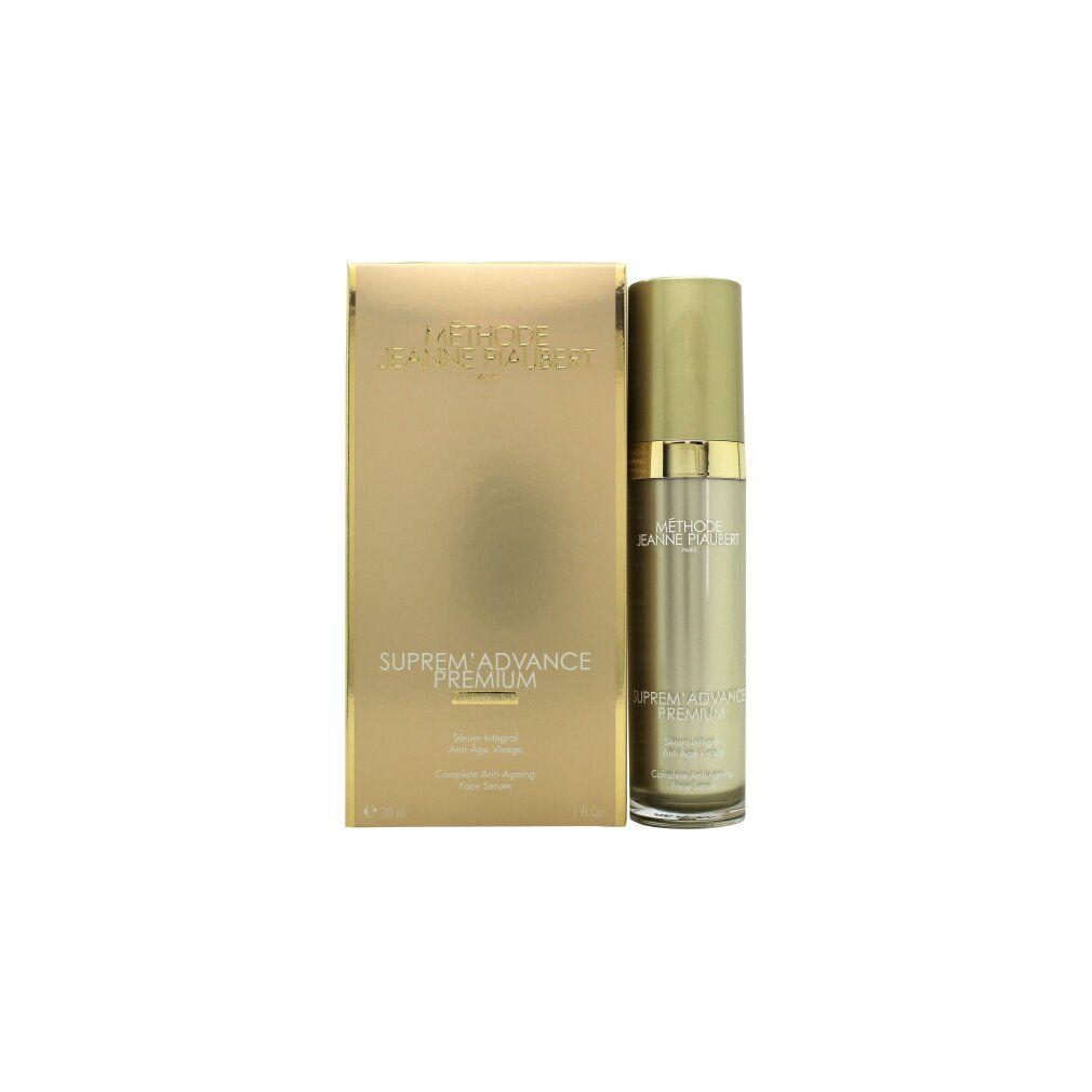 Gouden verpakking en fles 'SUPREM'ADVANCE PREMIUM'. Tekst: 'Sérum intégral anti-âge visage'. Merk: Jeanne Piaubert.