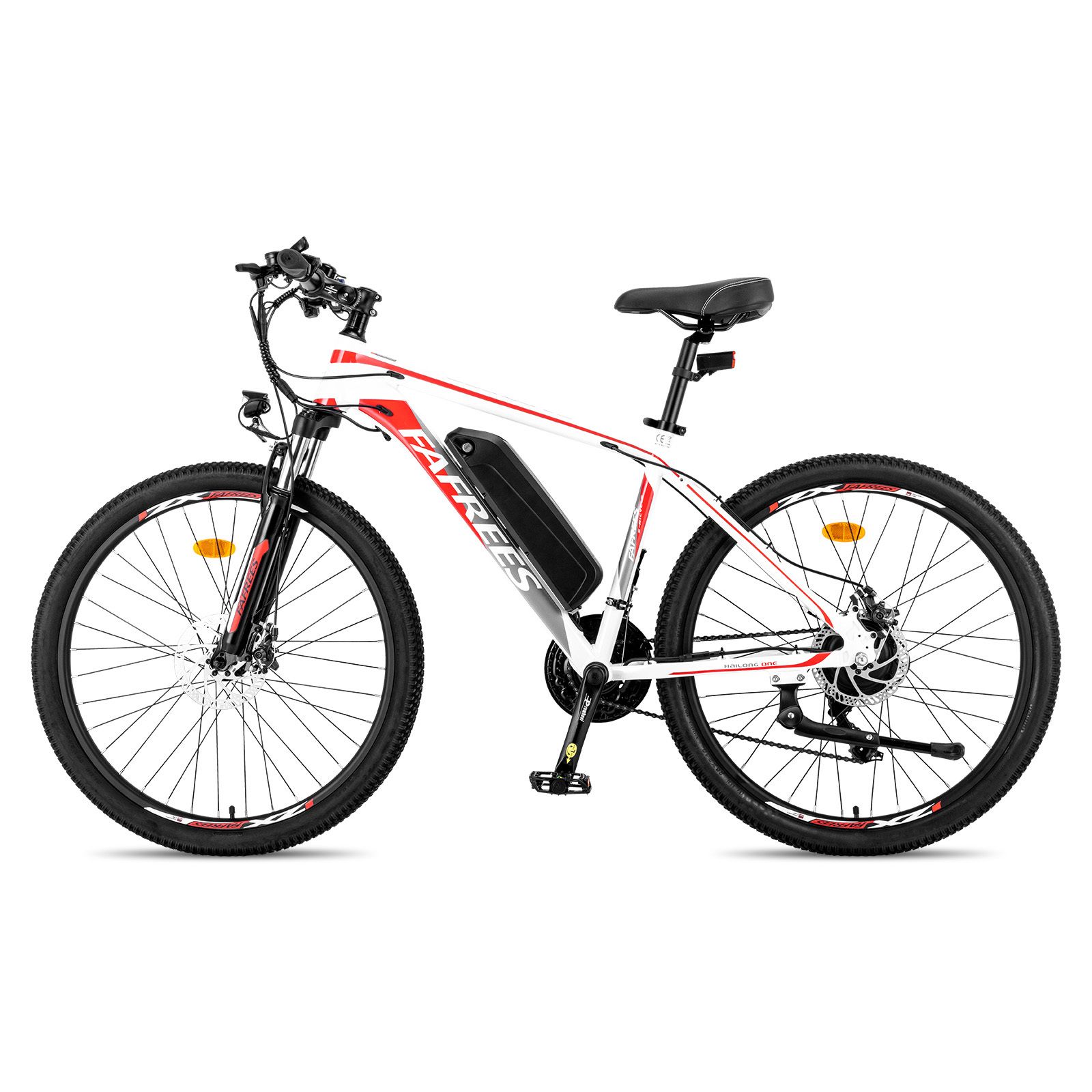 VTT électrique blanc avec accents rouges. Pneus, selle et batterie noirs. Marque Fafrees.