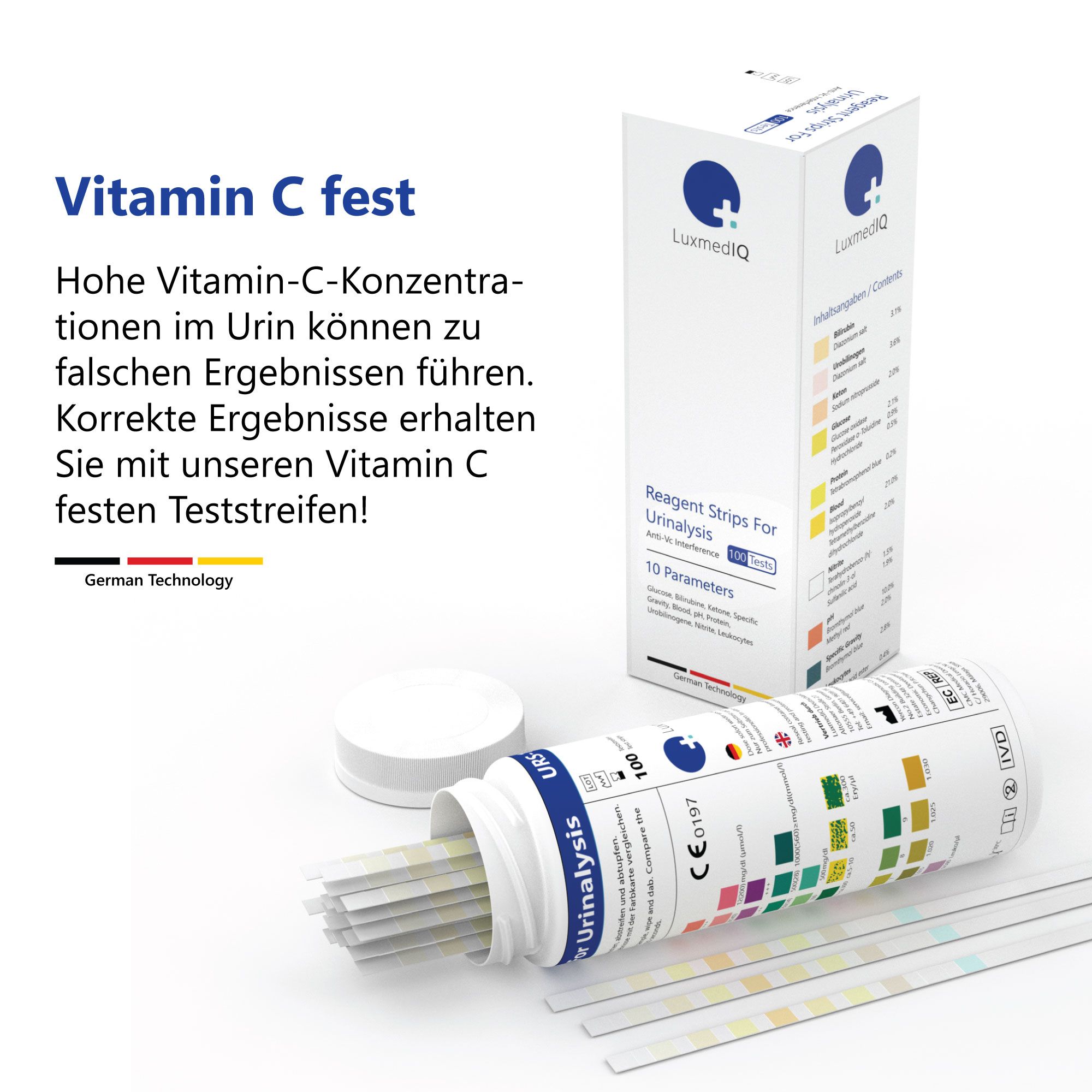 Geopend flesje met teststrips en verpakking. Opschrift: Reagent Strips For Urinalysis, 10 parameters, 100 tests. German Technology.