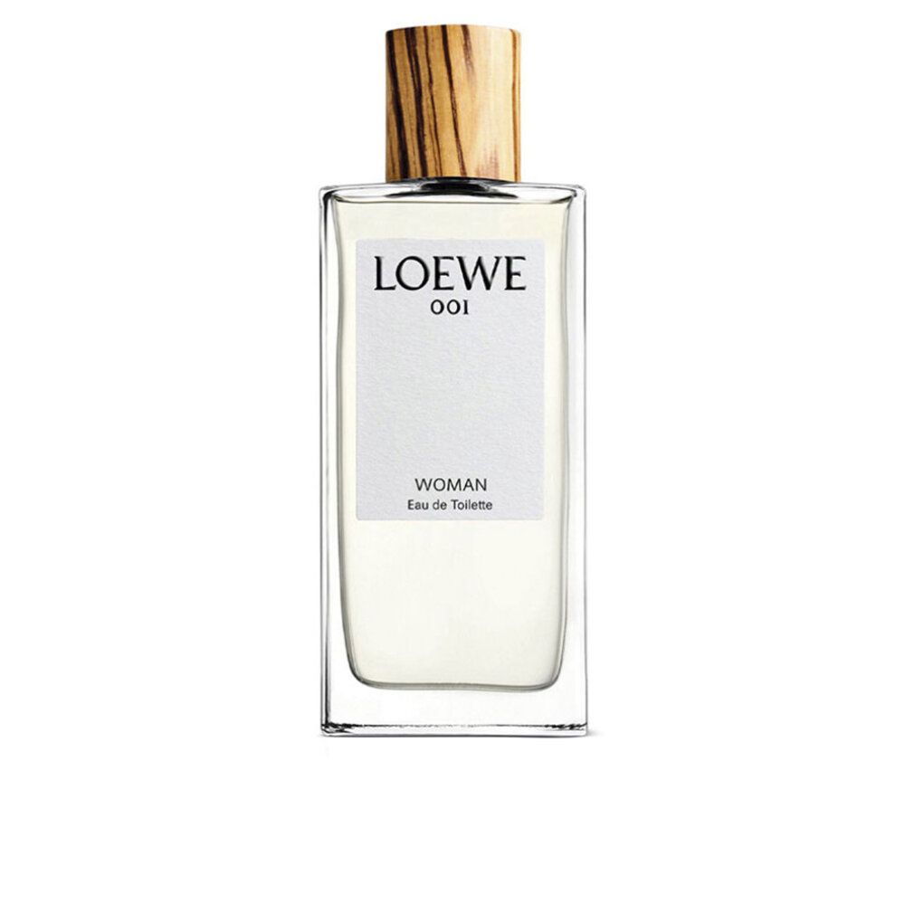 Rechthoekige parfumfles met houten dop. Op het etiket staat 'LOEWE 001 WOMAN Eau de Toilette'.