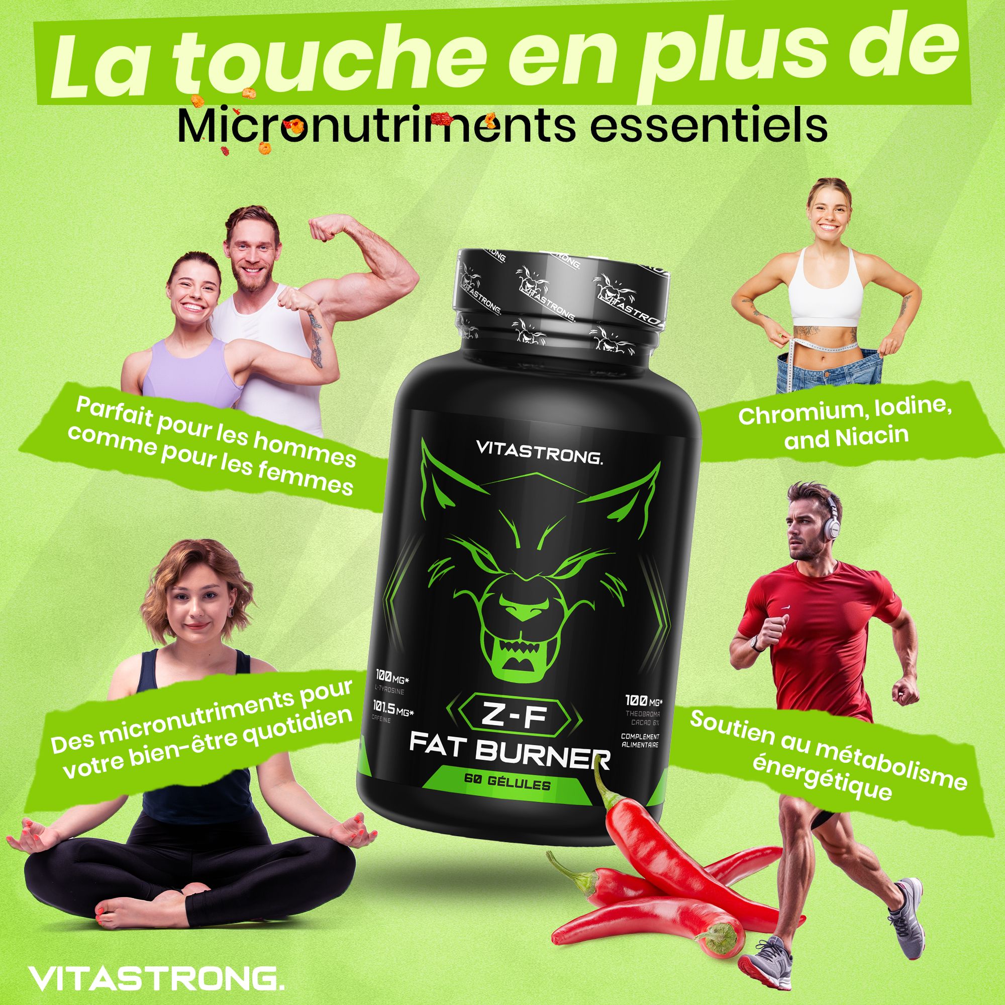 Vitastrong Z-F Fat Burner. Fles met mensen die sporten. Bevat micronutriënten.