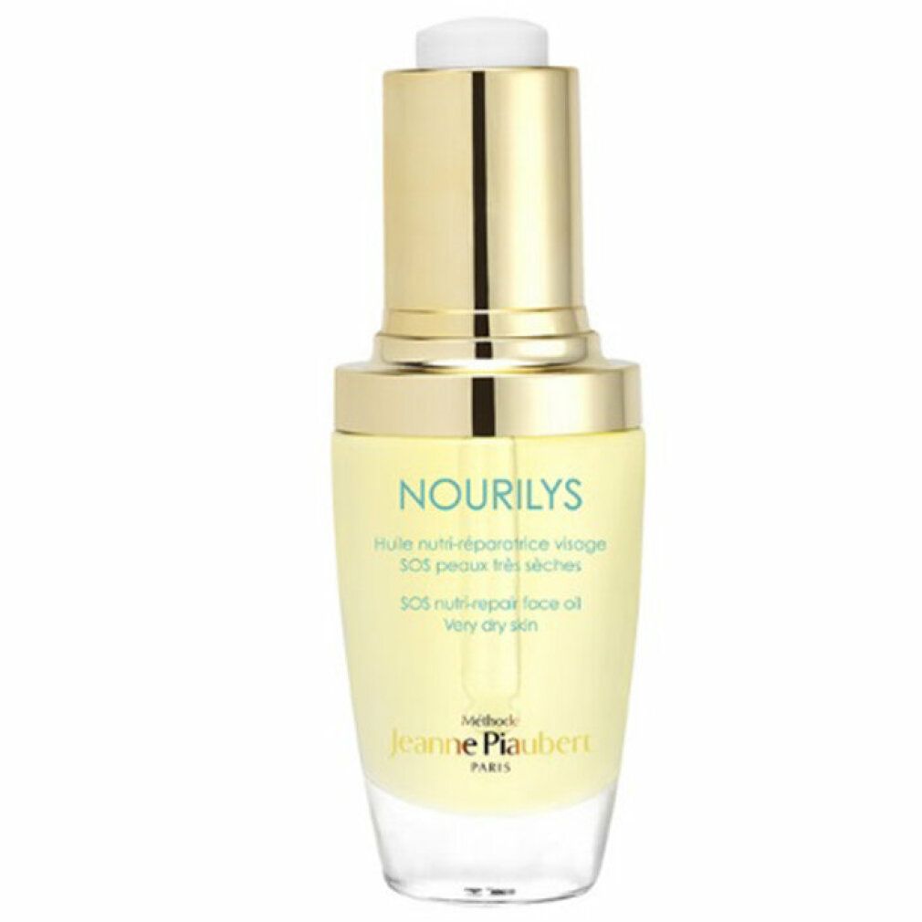 Gezichtsolie fles met gouden dop en witte druppelaar. Opschrift: NOURILYS, SOS nutri-repair face oil.
