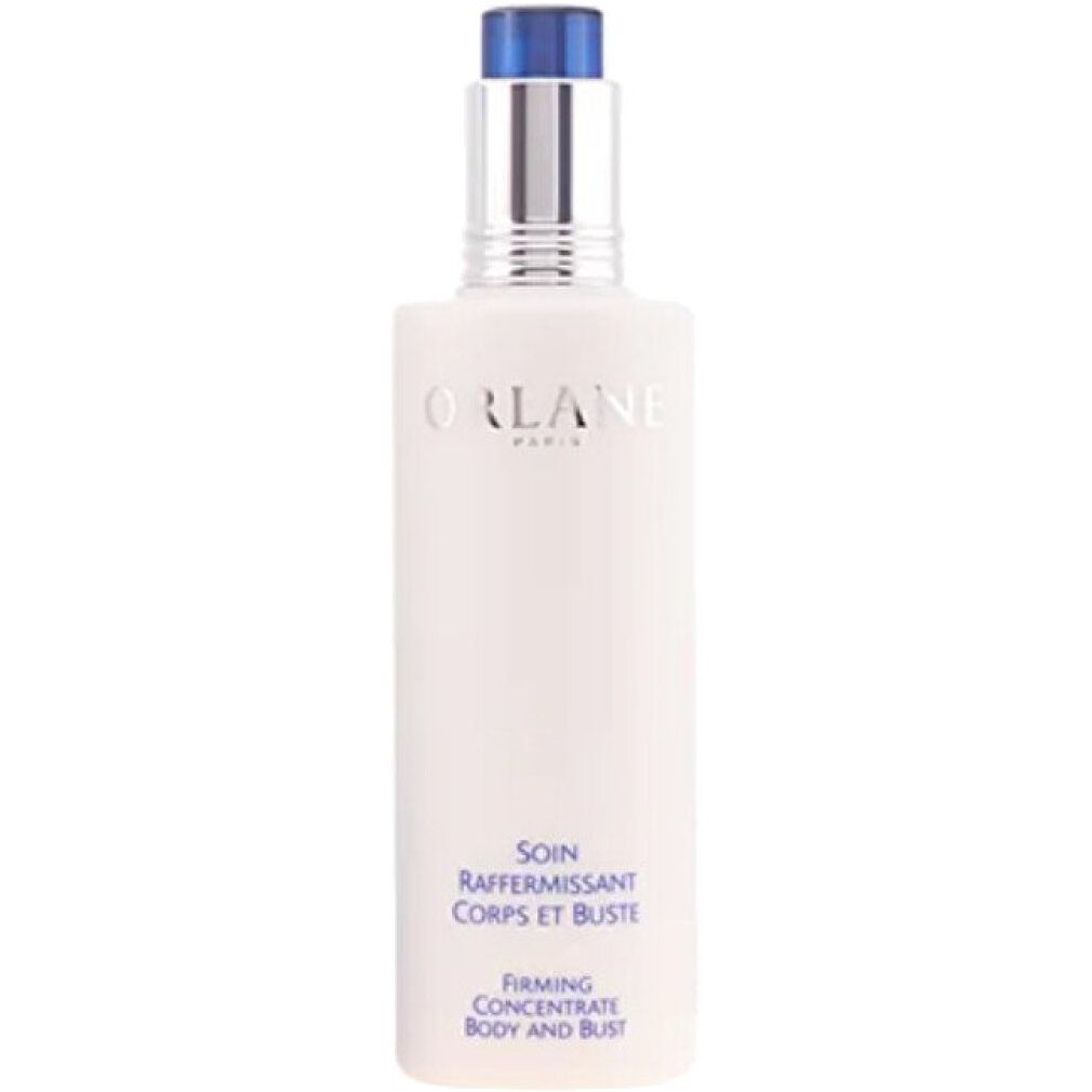 Flacon blanc avec distributeur argenté et bleu. Texte : ORLANE PARIS, SOIN RAFFERMISSANT CORPS ET BUSTE, FIRMING CONCENTRATE BODY AND BUST.