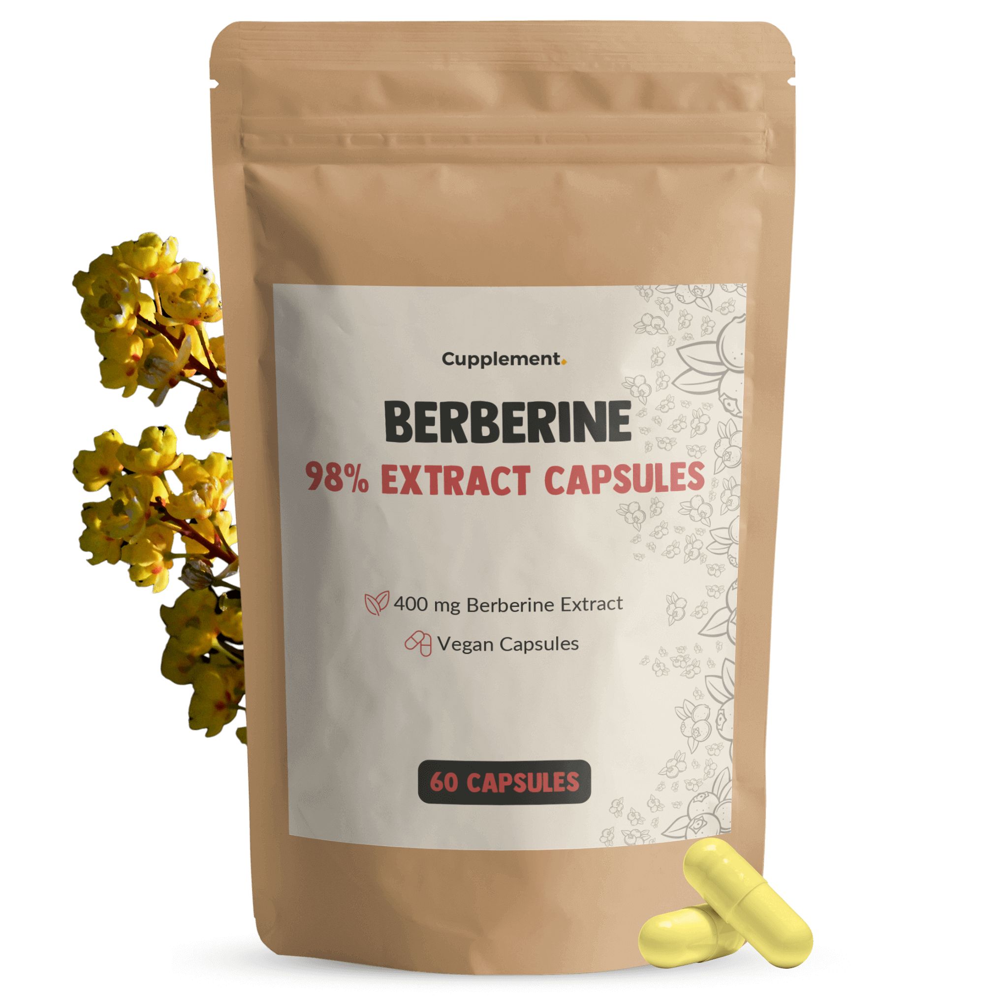 Zakje Cupplement Berberine capsules. 60 capsules. Gele capsules en gele bloemen.