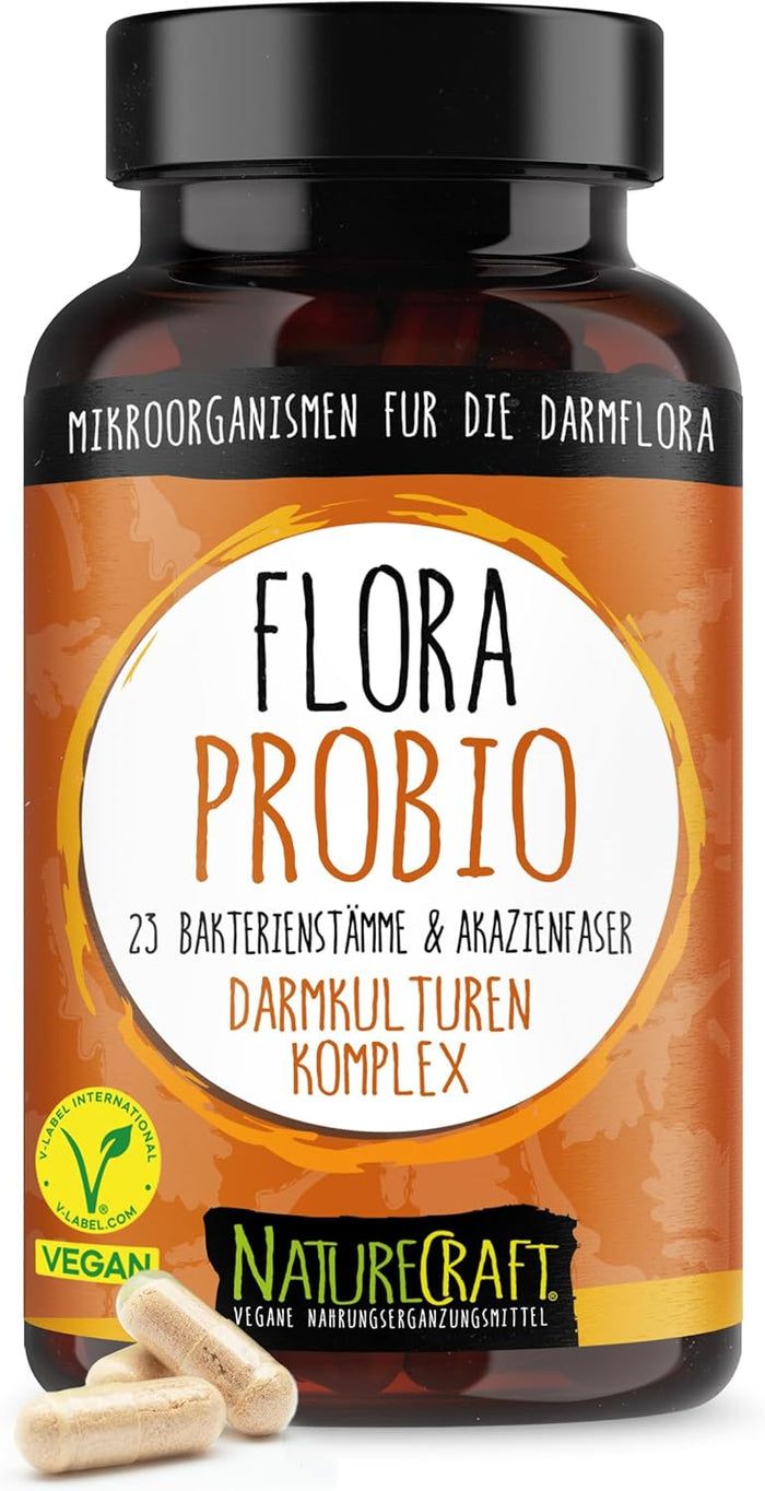 Bruine fles met capsules. Opschrift: Flora Probio, Darmcultuur Complex. Vegan-label.