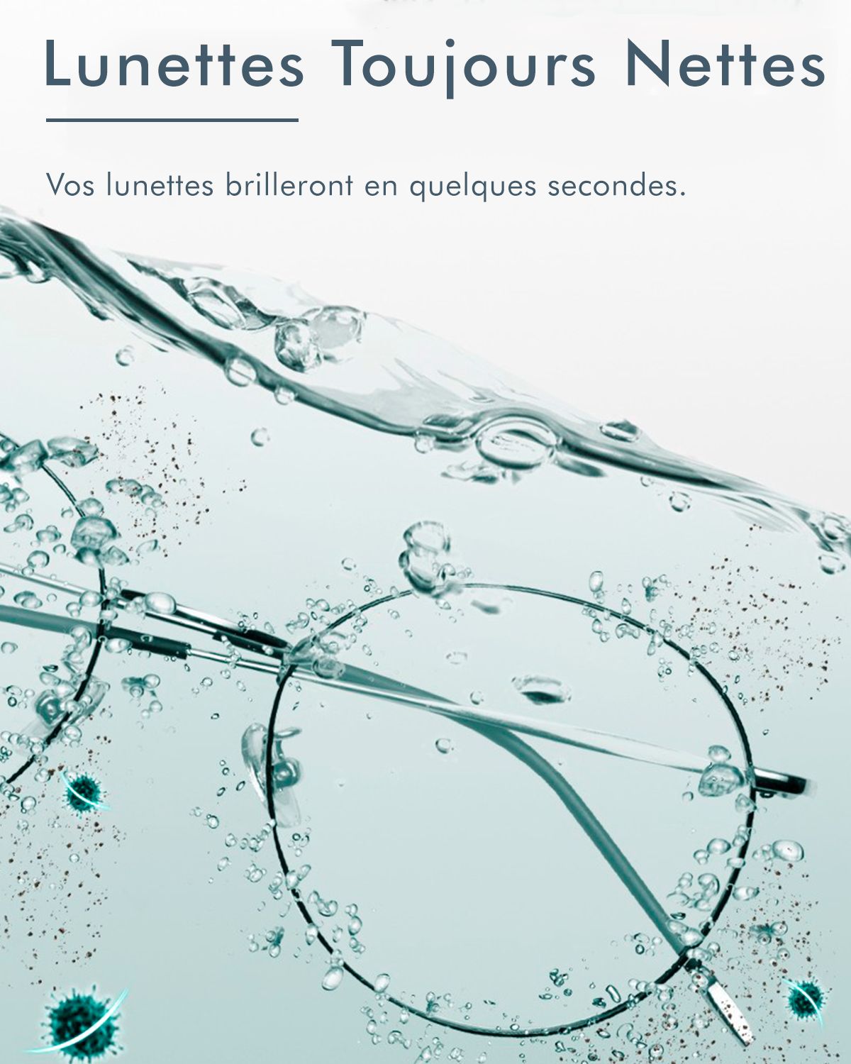 Lunettes dans l'eau. Texte: Lunettes Toujours Nettes. Eau avec bulles. Verres de lunettes clairs.