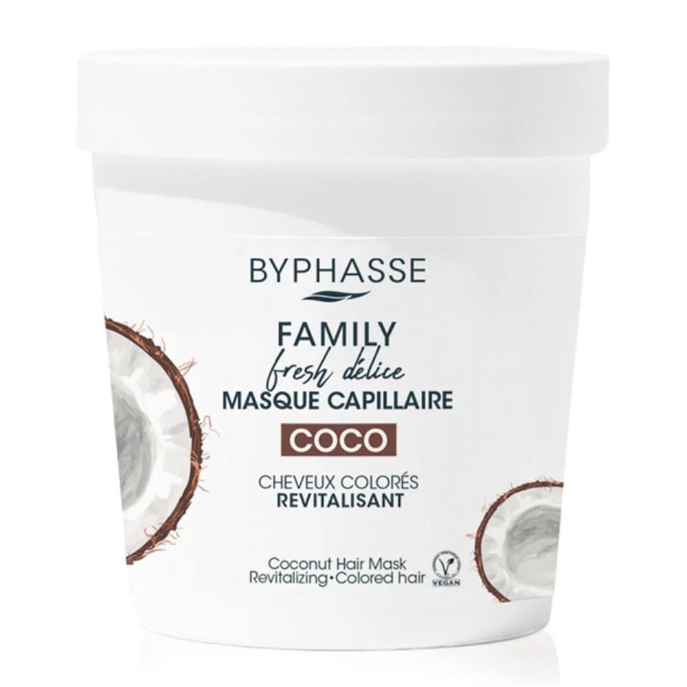 Masque capillaire Byphasse Family Fresh Delice Coco pour cheveux colorés.