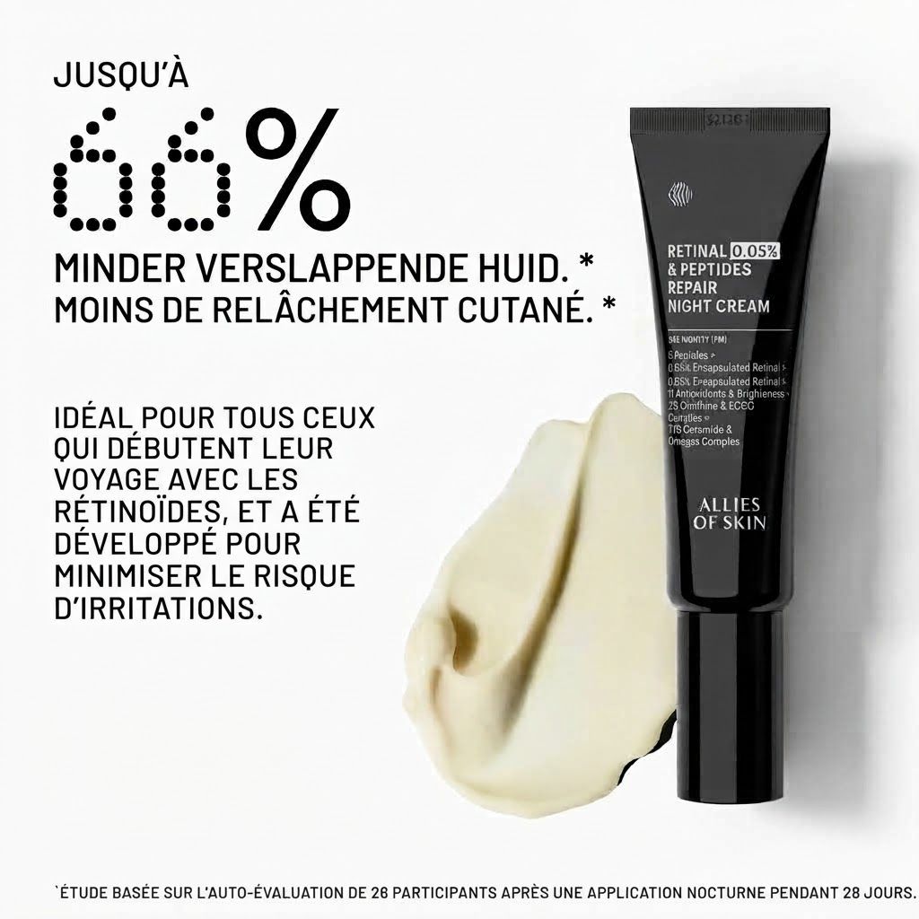 Tube noire contenant Allies of Skin Retinal 0.05% & Peptides Repair Night Cream. À côté, une touche de crème.