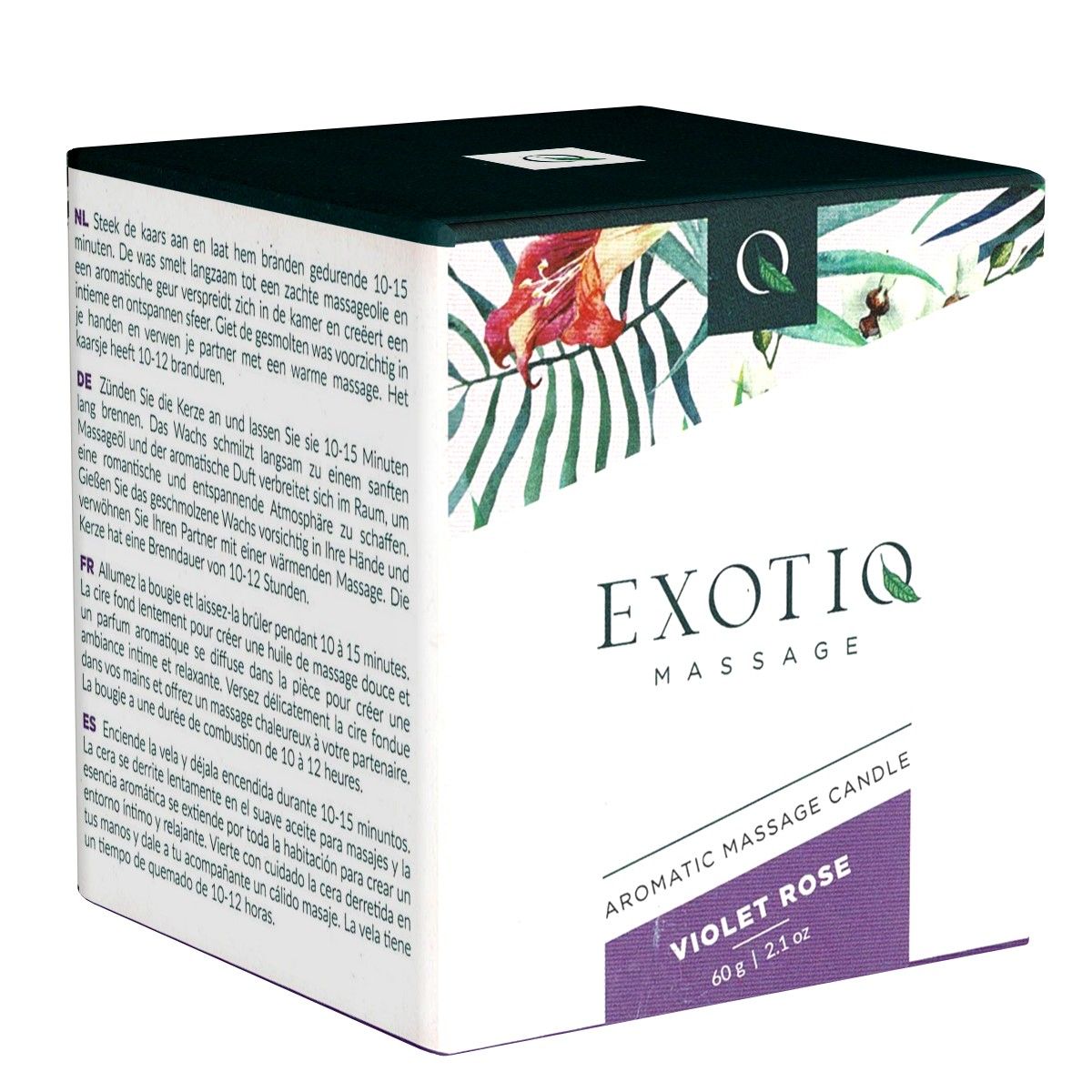 Vierkante verpakking met bloemenpatroon en tekst. Opschrift: Exotiq Massage Candle, Violet Rose. Bevat 60g.