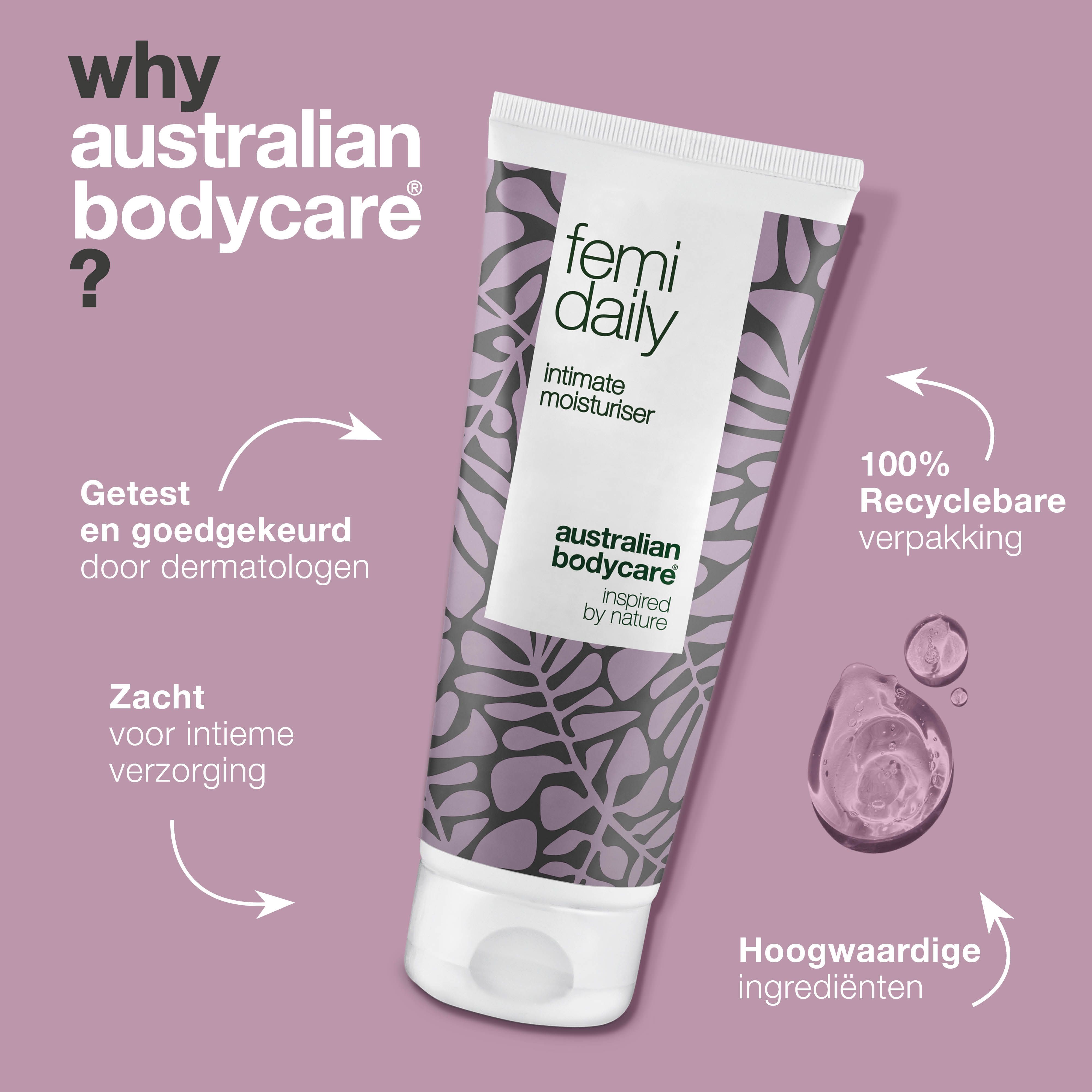 Femi Daily intieme moisturizer. Waarom Australian Bodycare? Tekst: Getest, zacht.