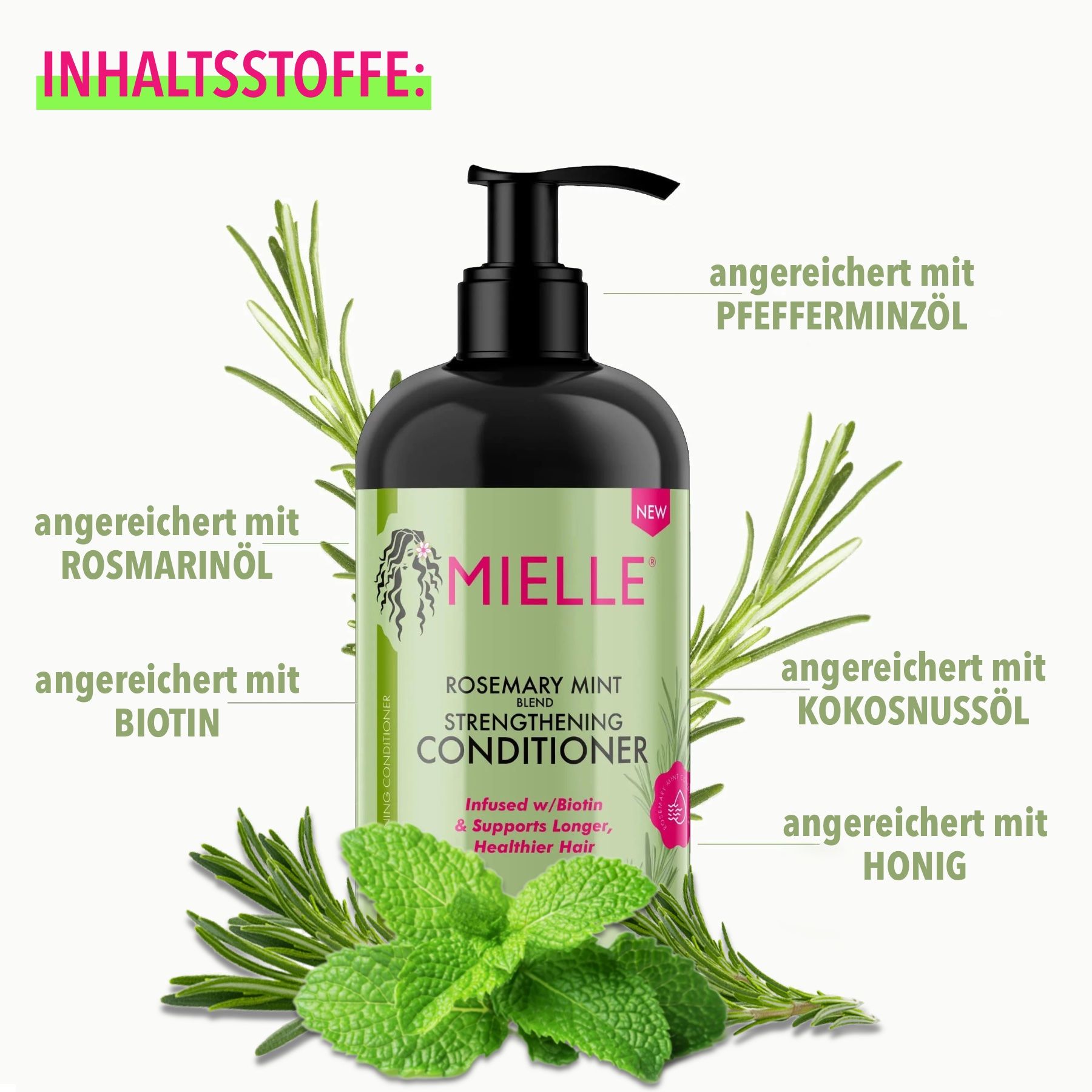 Conditionneur Mielle. Flacon noir avec pompe. Romarin, menthe et texte. Ingrédients : huile de romarin, huile de menthe poivrée, biotine, huile de coco, miel.
