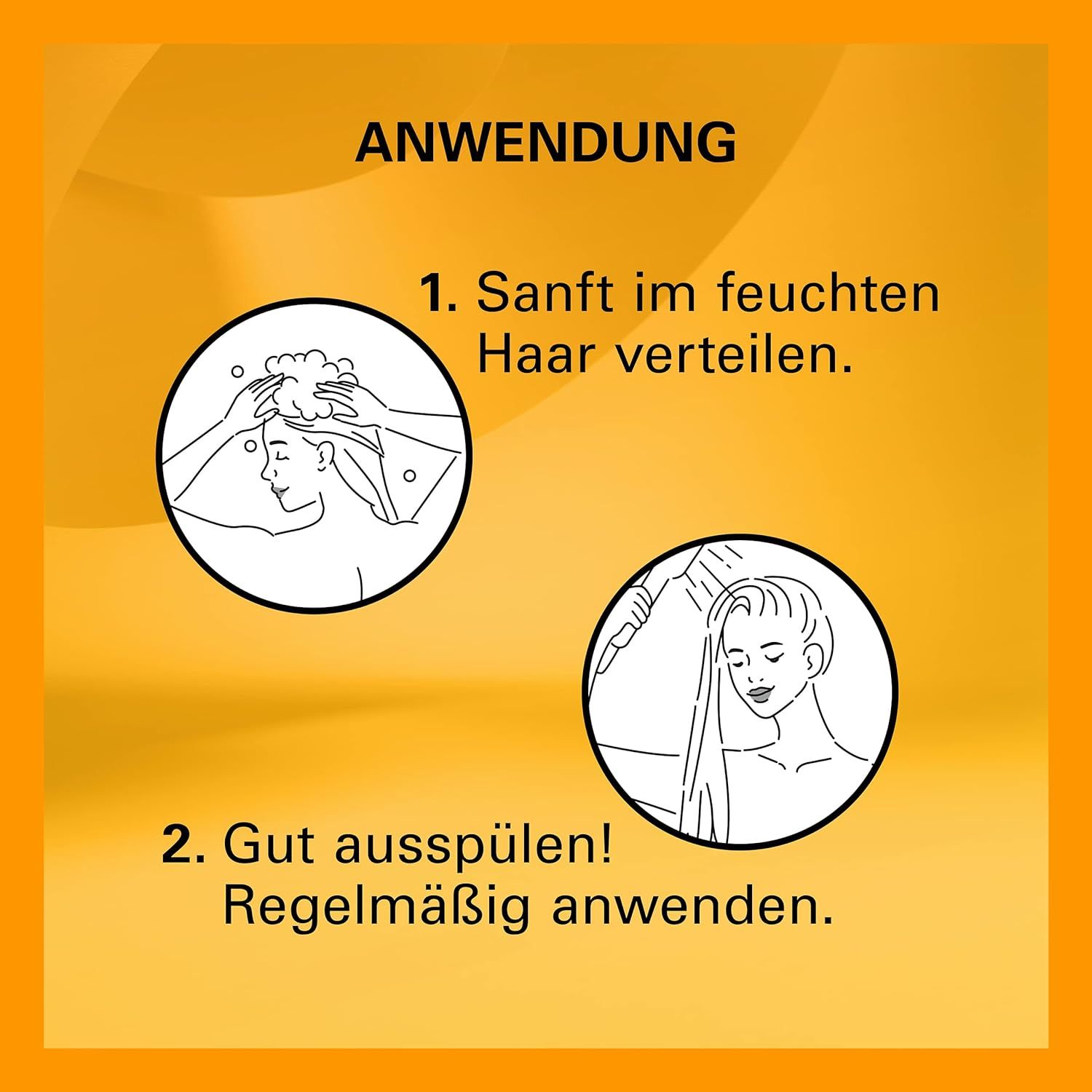 Utilisation : 2 illustrations. 1. Répartir doucement. 2. Bien rincer. Utiliser régulièrement. Texte sur fond jaune.