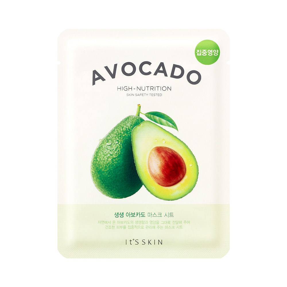 Gezichtsmasker met avocado-afbeelding. Tekst: Avocado, High-Nutrition, Skin Safety Tested. Merk: It's Skin. Groen-witte verpakking met avocado-illustratie.