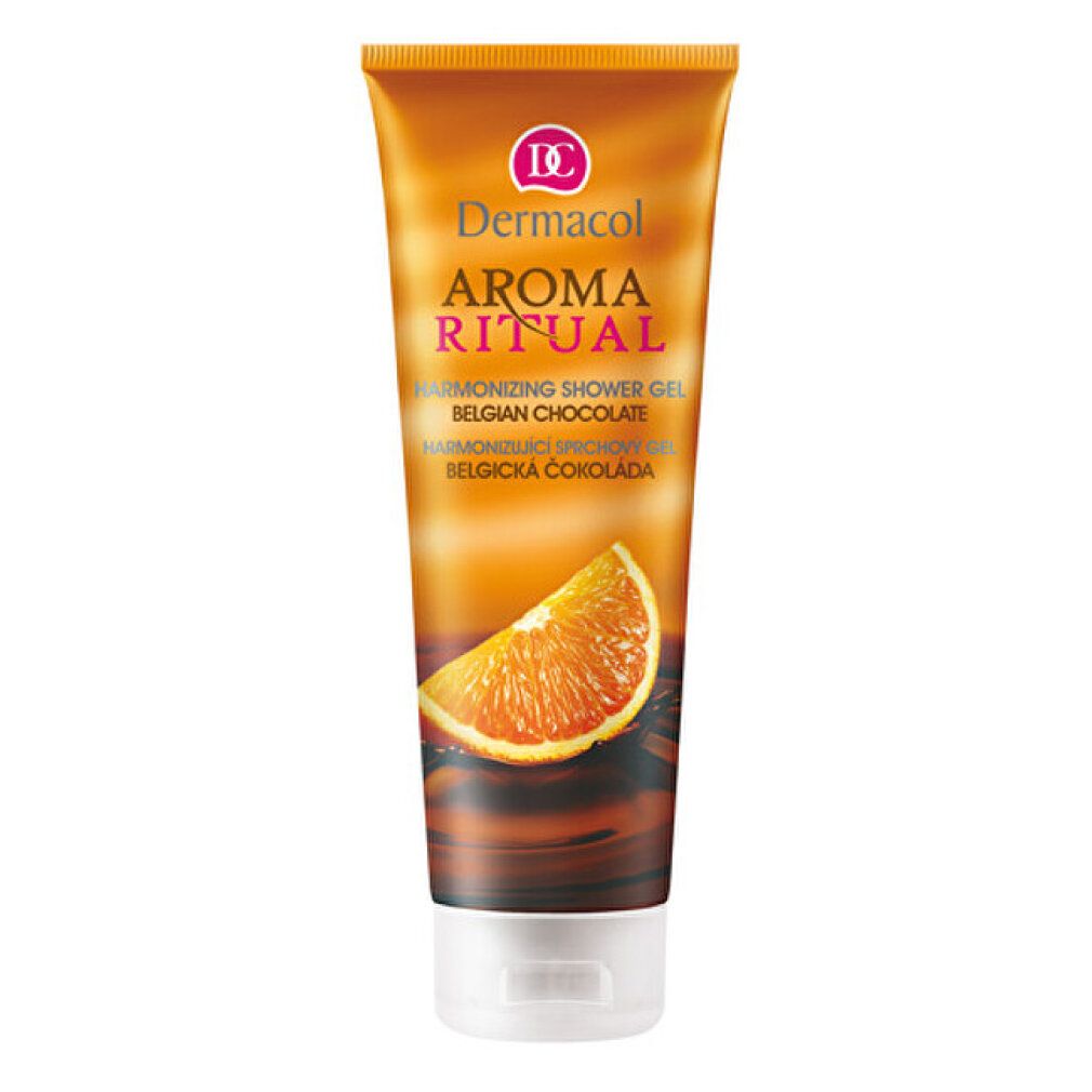 Tube de gel douche avec nom du produit et illustration d'orange. Texte : Aroma Ritual, Belgian Chocolate, gel douche harmonisant.