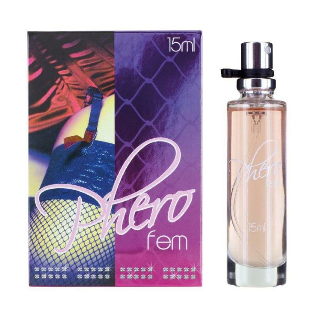 Fles en verpakking van Pherofem. Fles met verstuiver, verpakking met productnaam en 15ml-aanduiding. Achtergrond met jarretel.