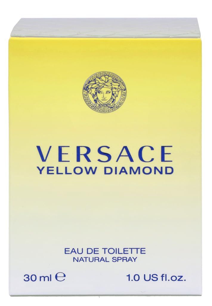 Gele verpakking van Versace Yellow Diamond. Opschrift: Versace, Yellow Diamond, Eau de Toilette, 30 ml, 1.0 US fl.oz.