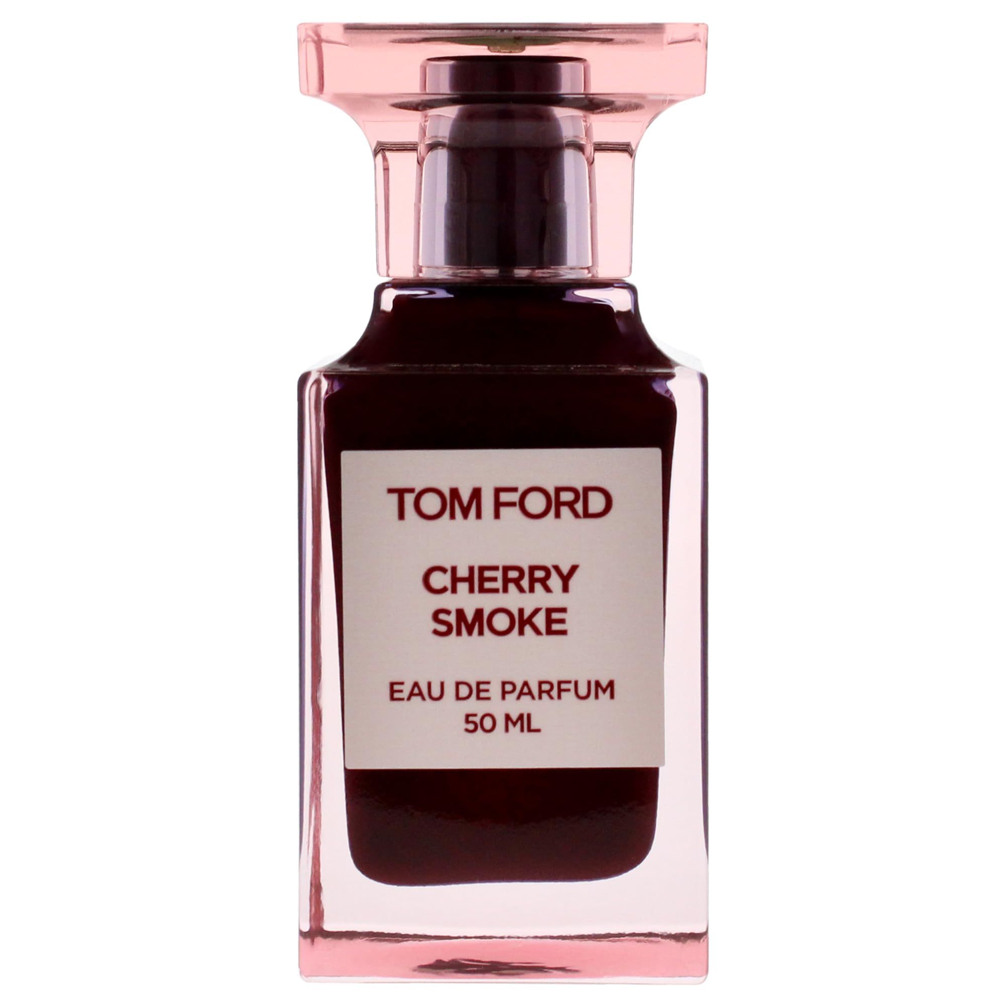 Tom Ford Cherry Smoke Eau de Parfum fles. Rechthoekige fles met roze dop. Opschrift: Cherry Smoke, 50 ml.