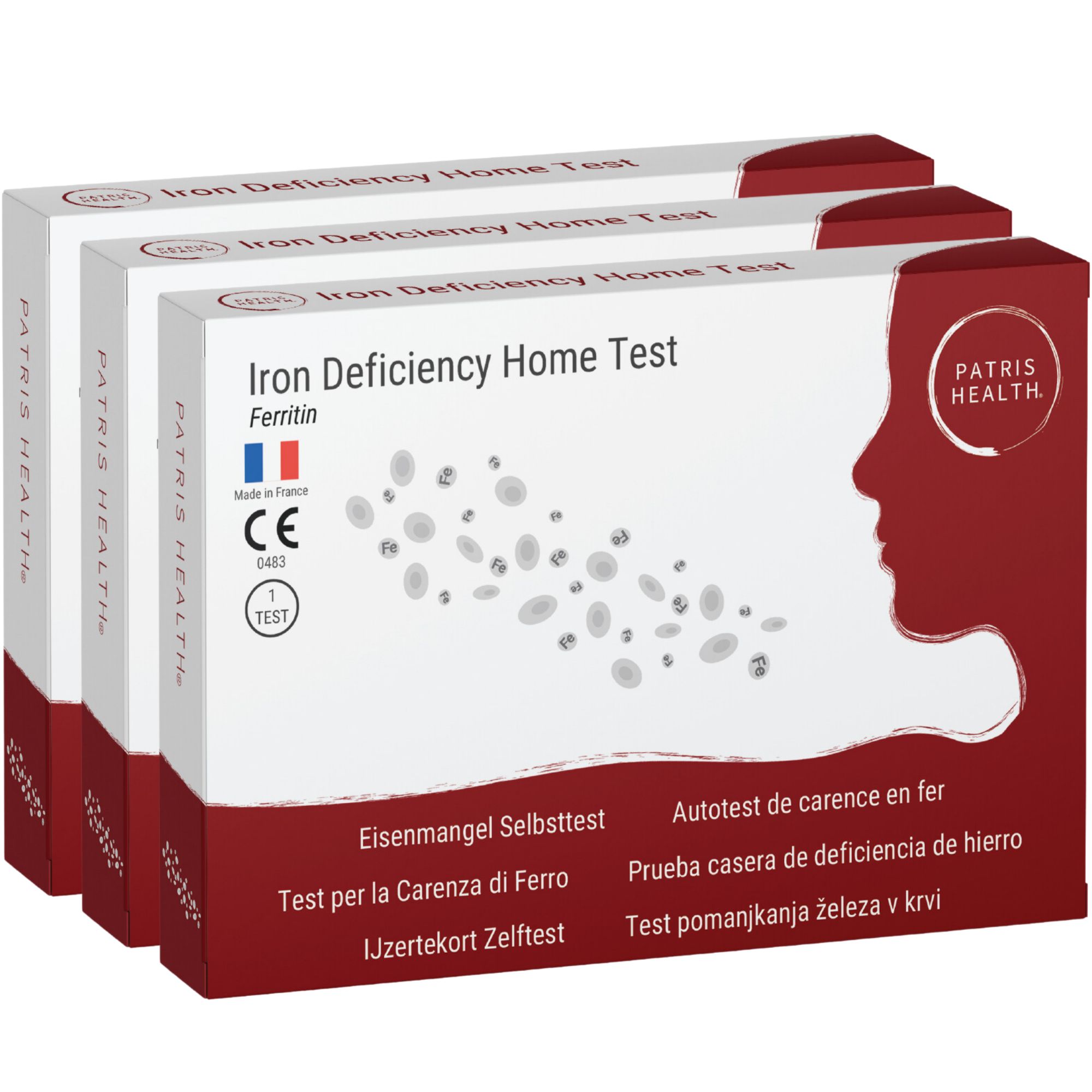 Drie verpakkingen van de Patris Health® ijzertekort zelftest. Verpakking met productnaam, CE-markering en Franse vlag.