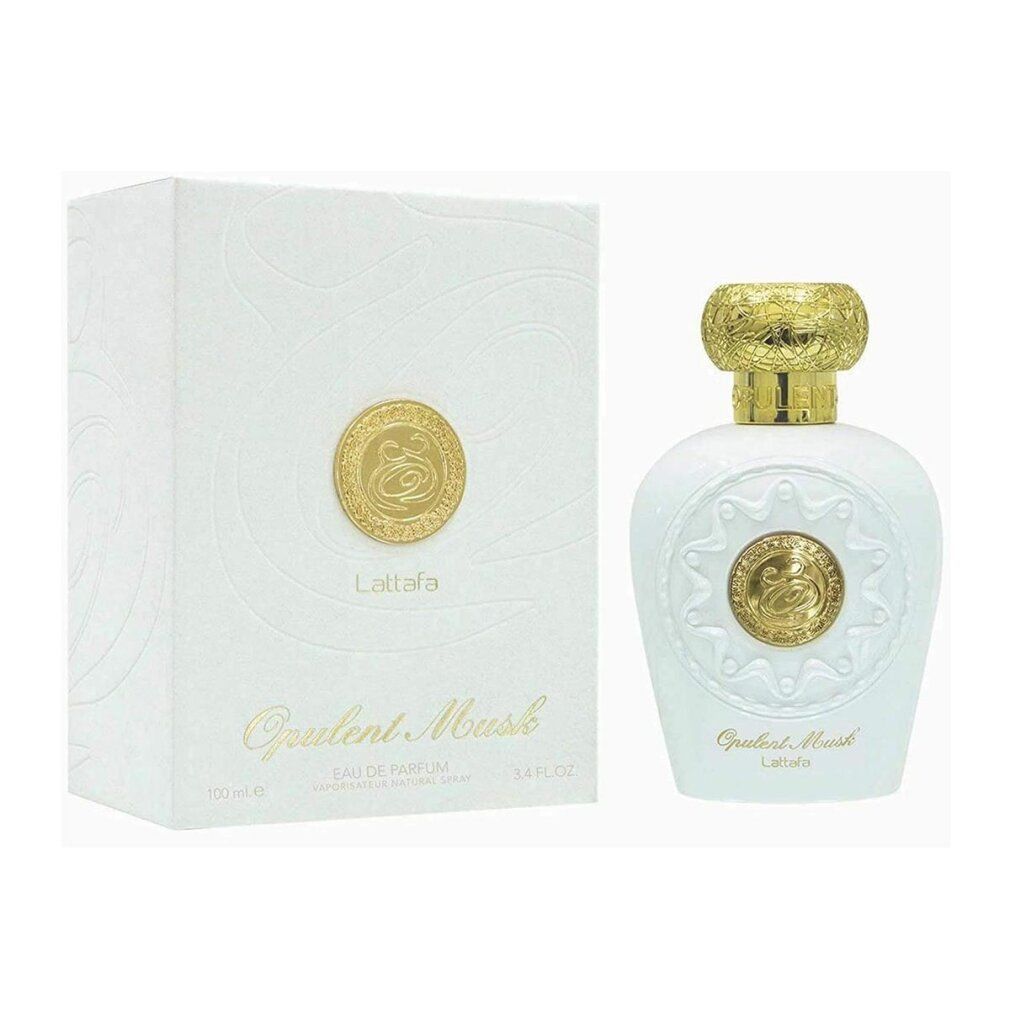 Flacon de parfum et emballage. Flacon blanc avec bouchon doré. Emballage blanc avec logo. Inscription: Opulent Musk, Lattafa.