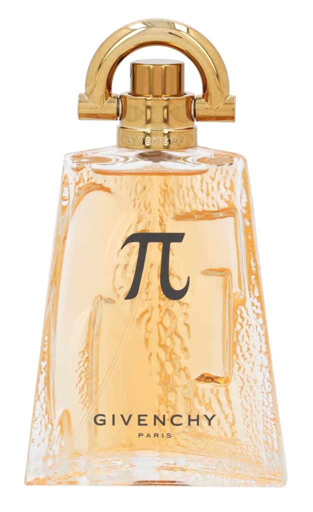 Parfumfles met gouden dop en Pi-symbool. De fles heeft een vierkante vorm met getextureerd glas. De merknaam is zichtbaar.