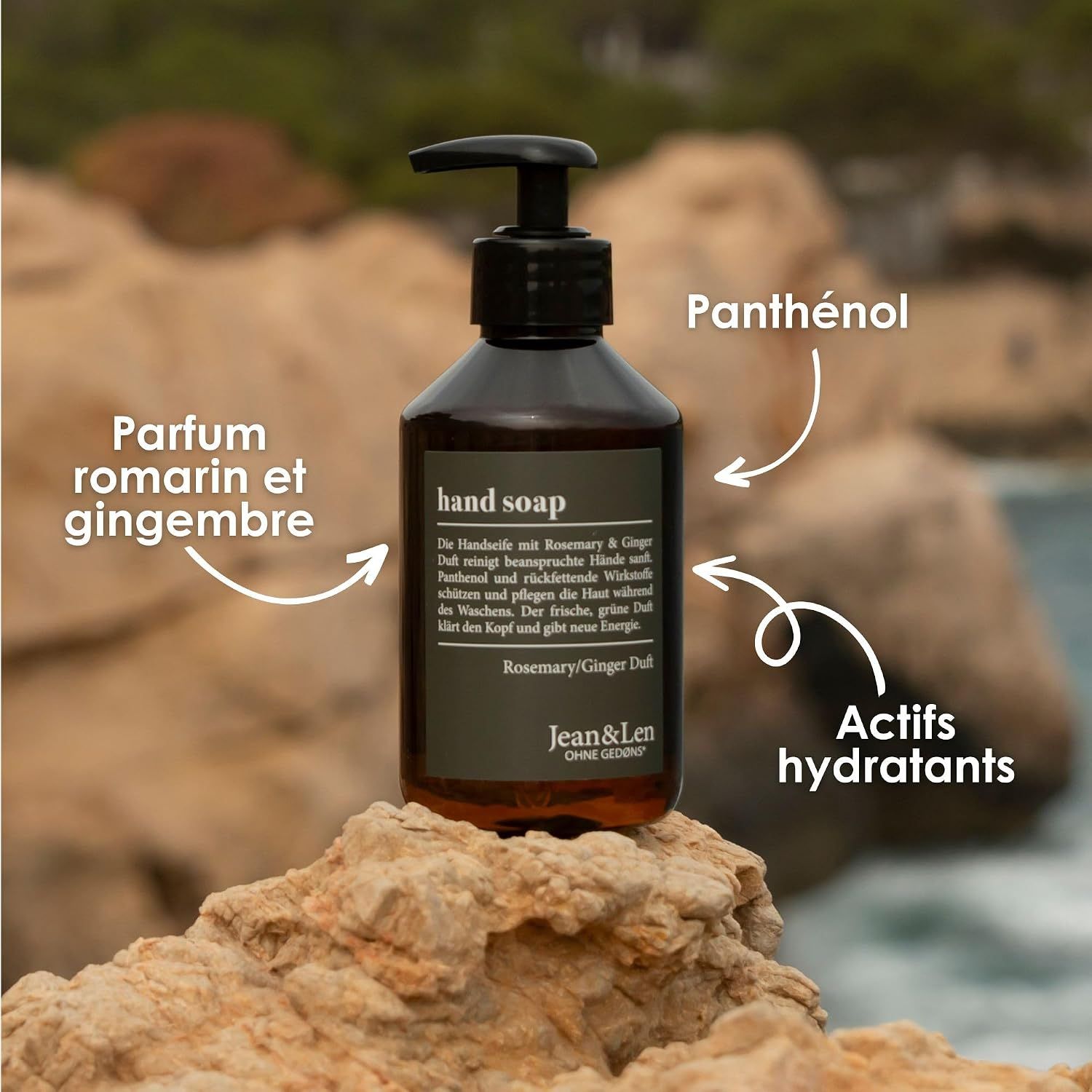 Flacon de savon pour les mains brun avec pompe, étiquette logo Jean & Len, parfum romarin et gingembre.