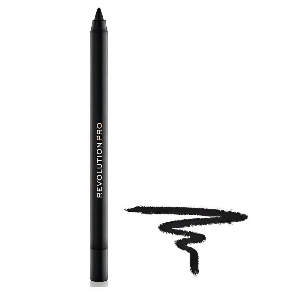 Crayon eyeliner noir avec texte "REVOLUTION PRO". Trait noir à côté.