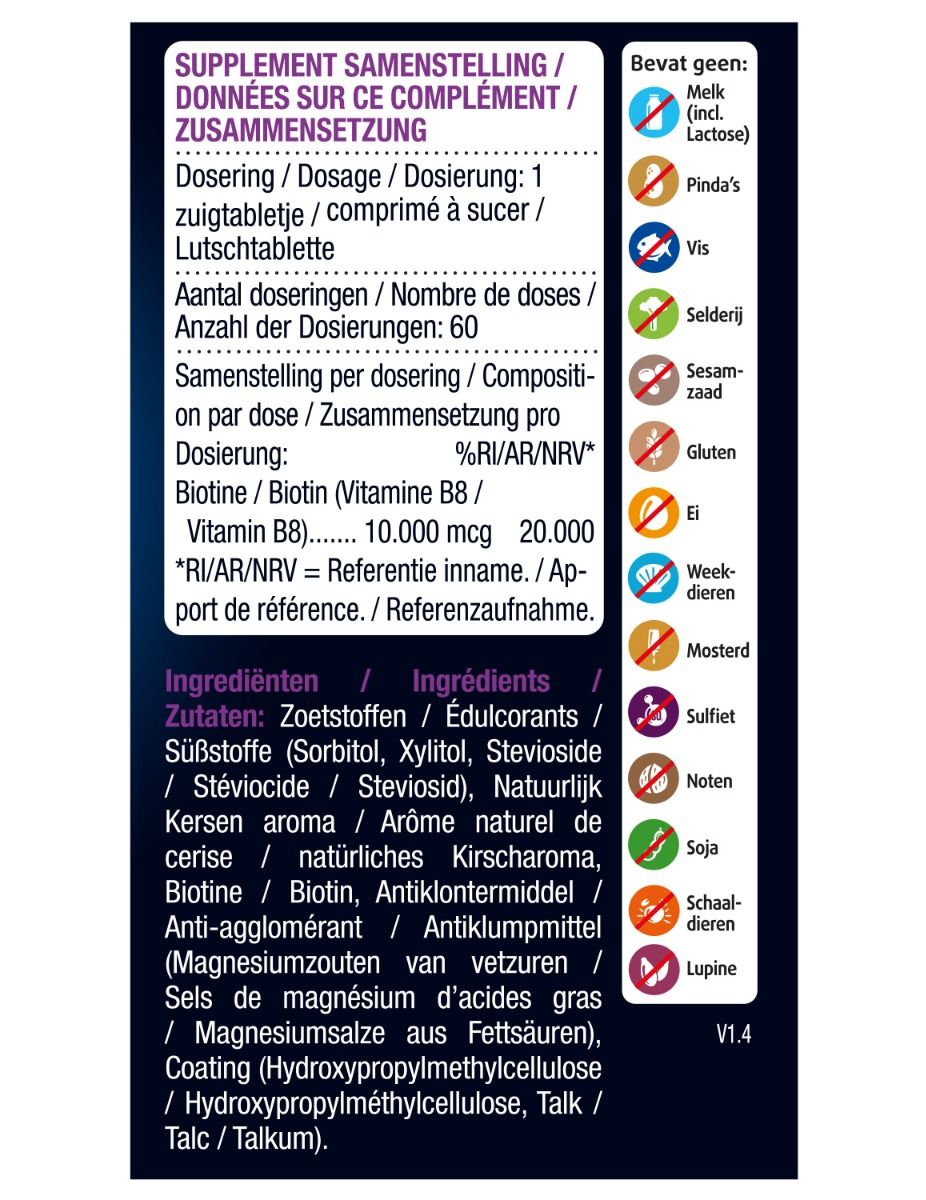 Achterkant verpakking Lucovitaal Biotine. Bevat informatie over dosering, ingrediënten en allergenen.