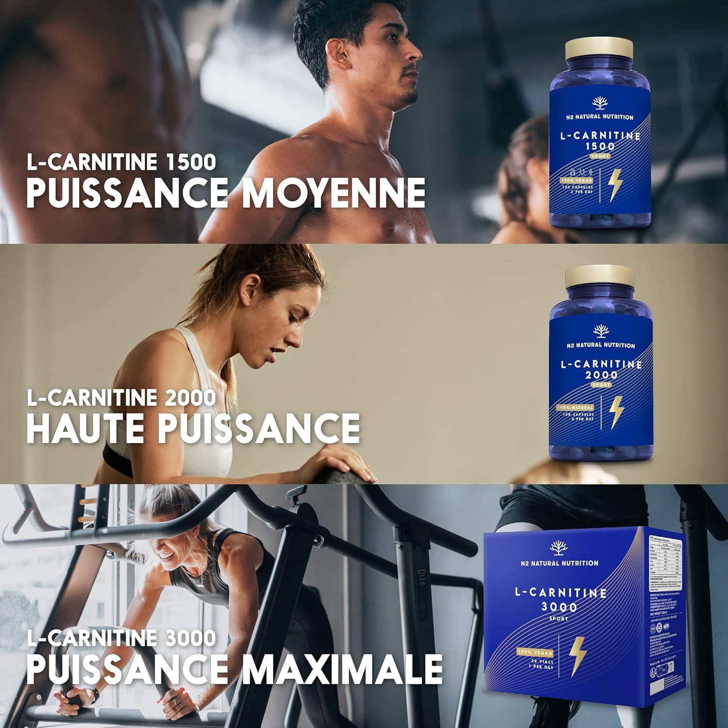 L-Carnitine 1500, puissance moyenne, en flacon bleu.