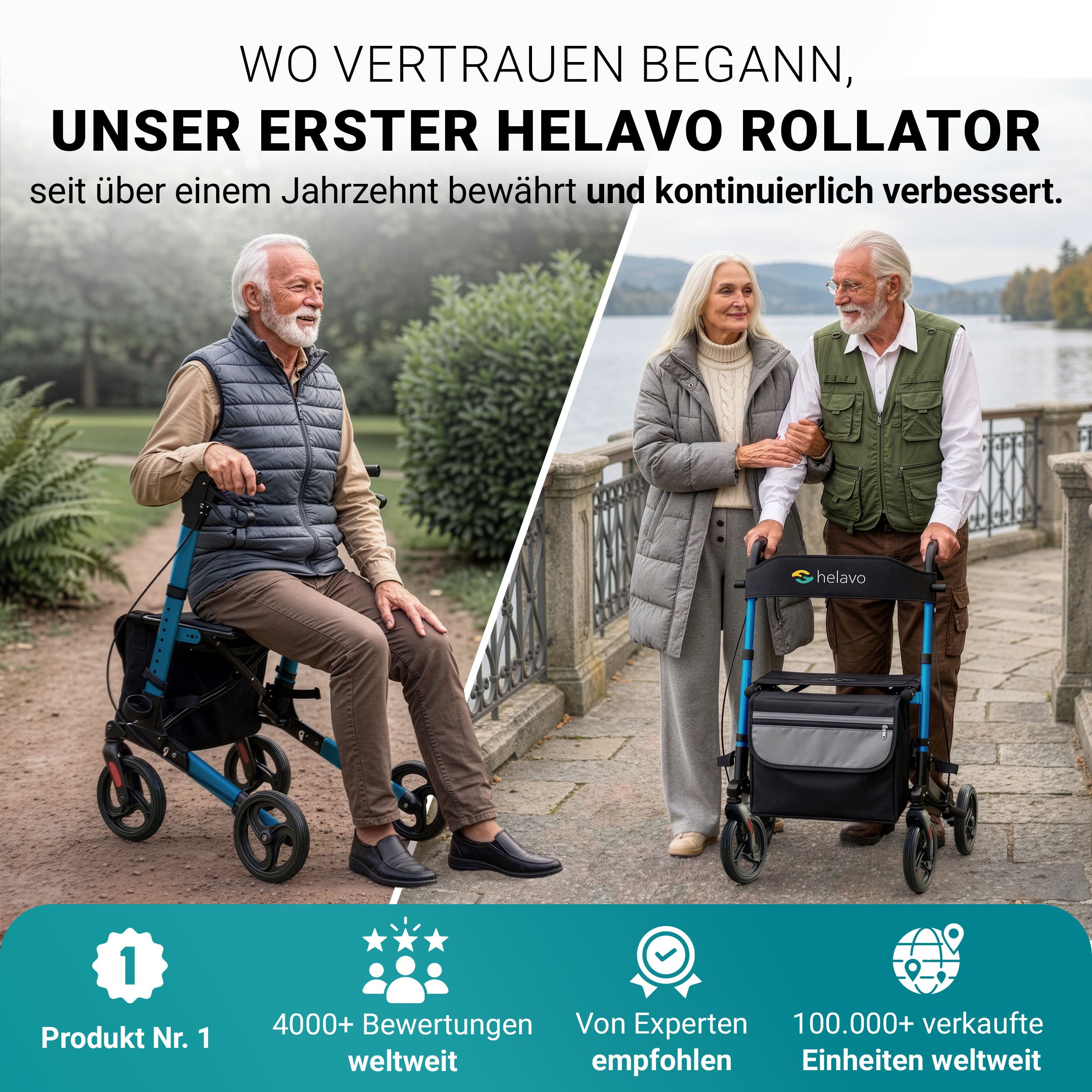 Deux rollators Helavo en extérieur, un avec un homme assis, un avec un couple marchant.