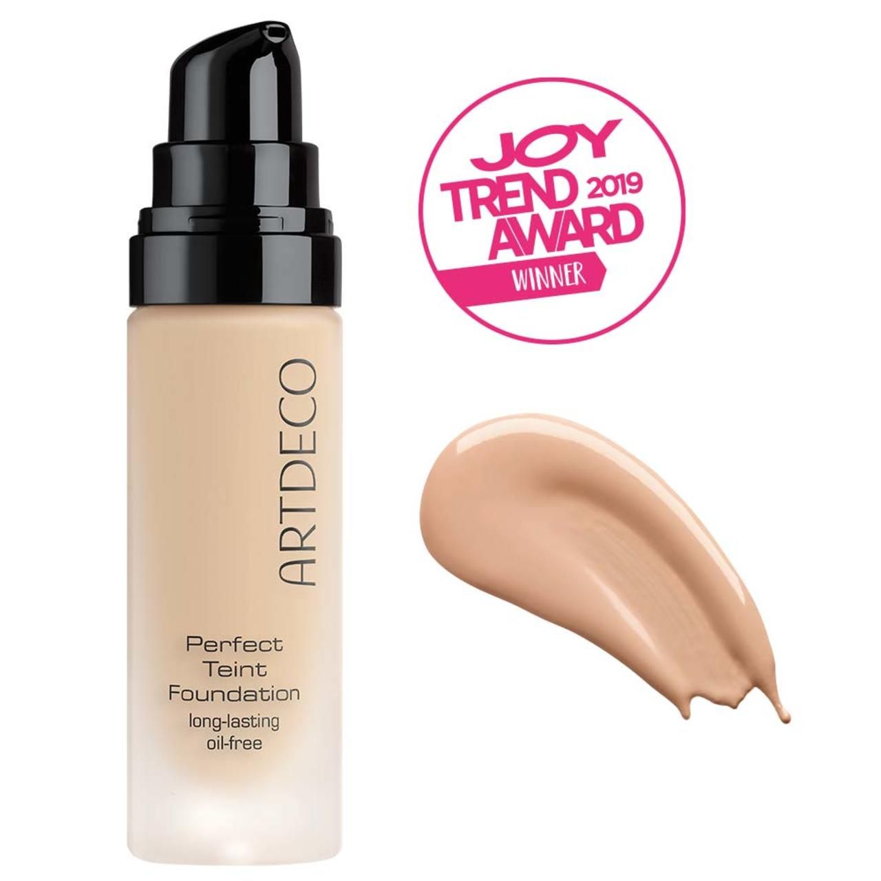 ARTDECO Perfect Teint Foundation fles, pompdispenser en kleurstalen. JOY TREND AWARD 2019 winnaar.