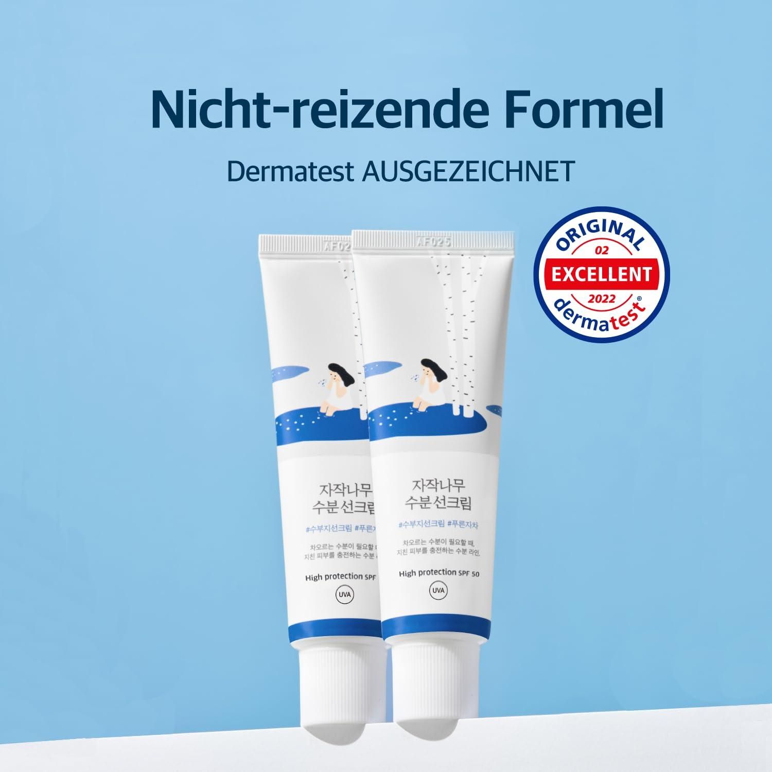 Deux tubes blancs avec accent bleu. Texte coréen. Label Dermatest. Original Excellent 2022.