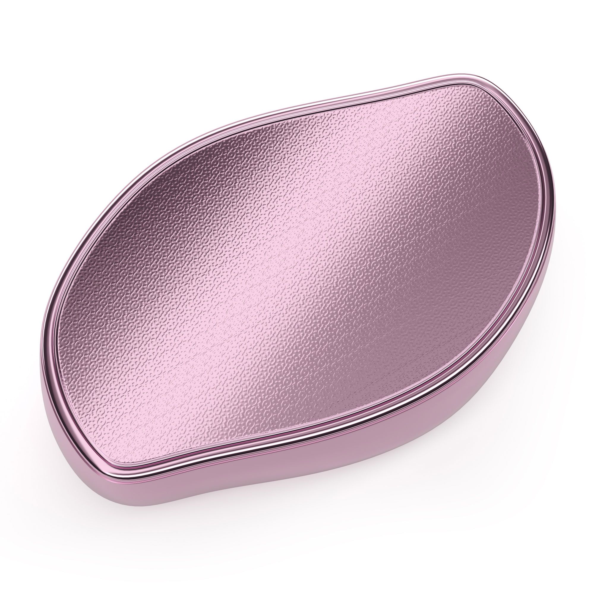 Exfoliant pour les pieds rose. Forme ovale avec surface striée. Cadre métallique rose.