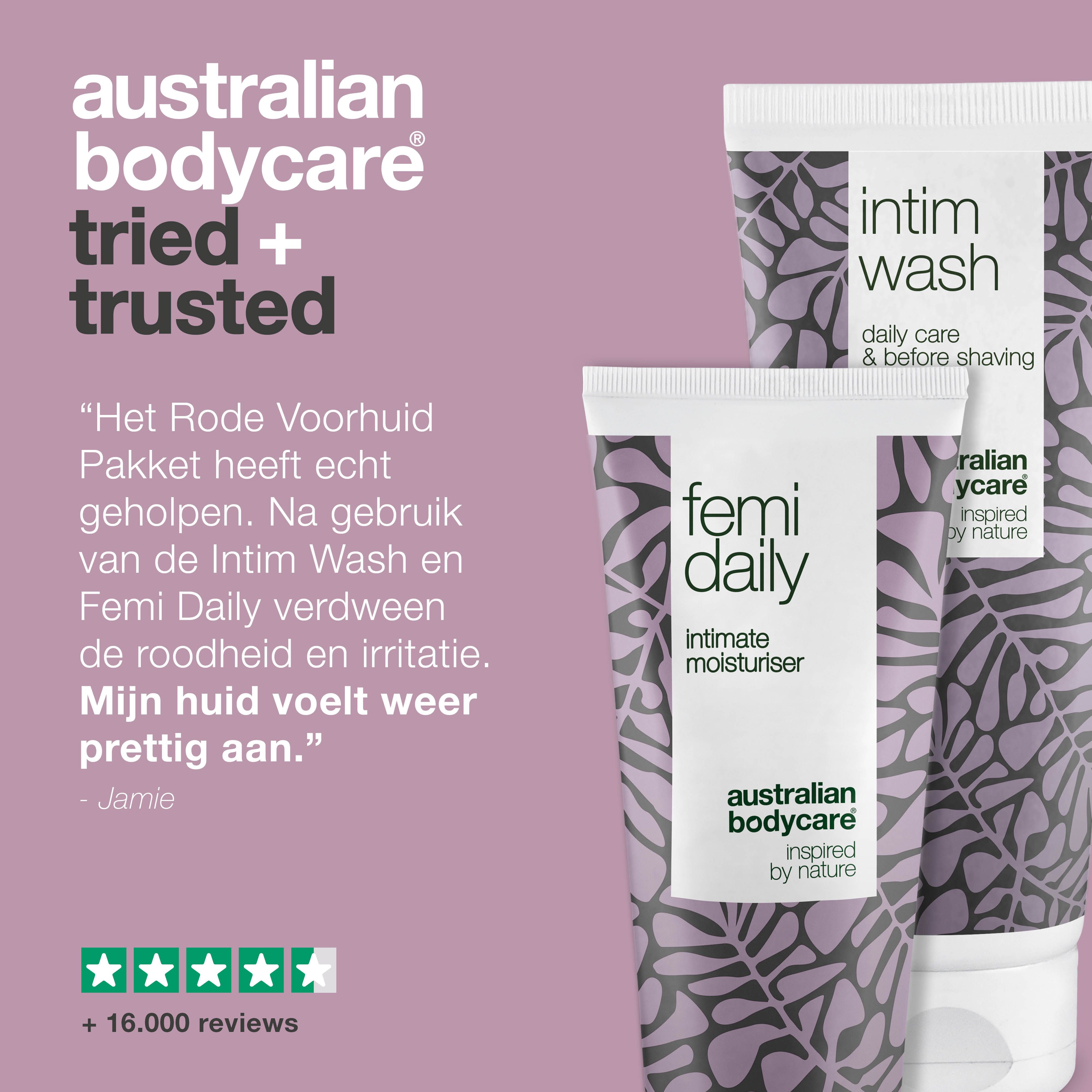 Twee tubes intieme verzorging. Citaat en 5-sterren beoordeling. Merk: Australian Bodycare.
