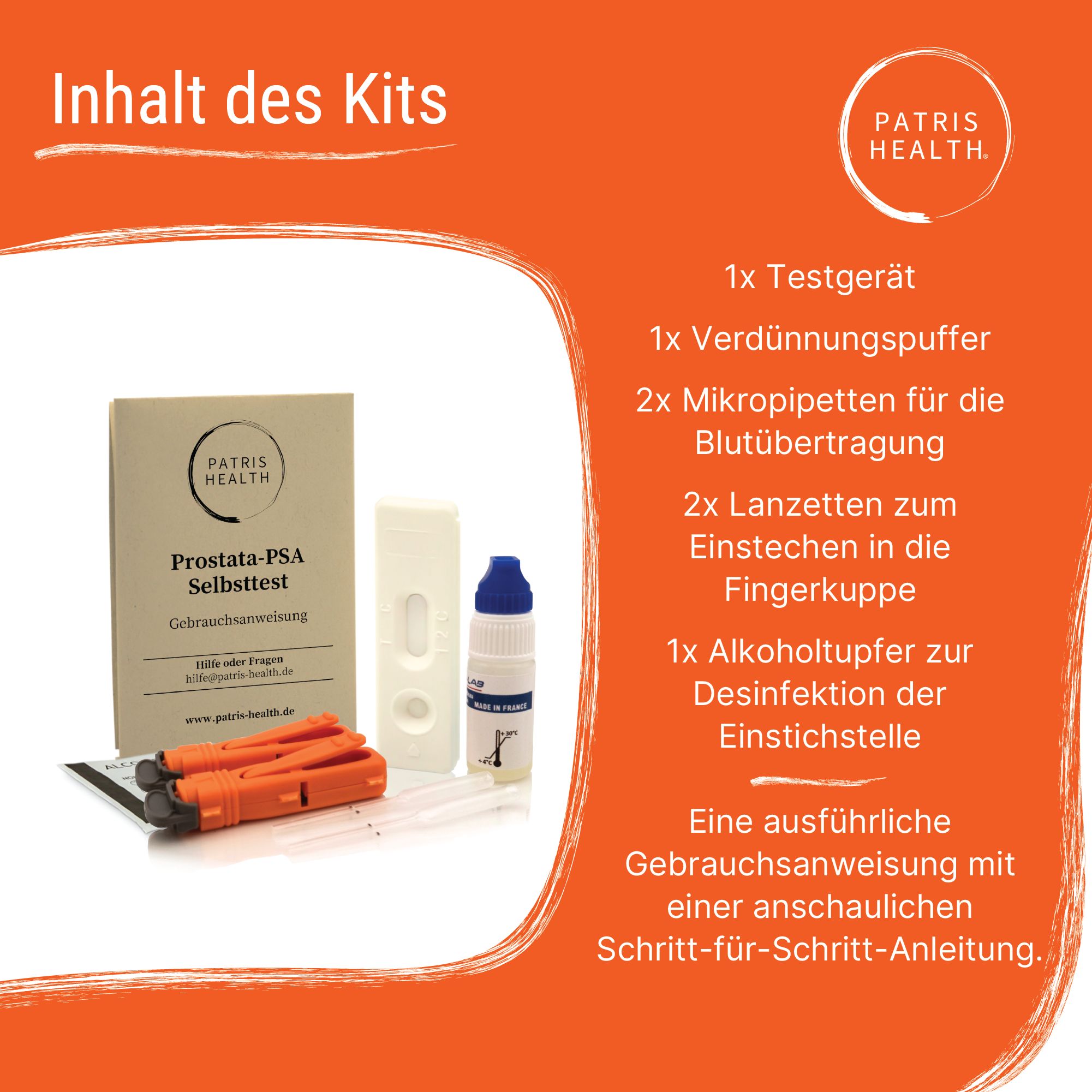Contenu du test Patris Health® Prostata-PSA. Appareil de test, accessoires et mode d'emploi.