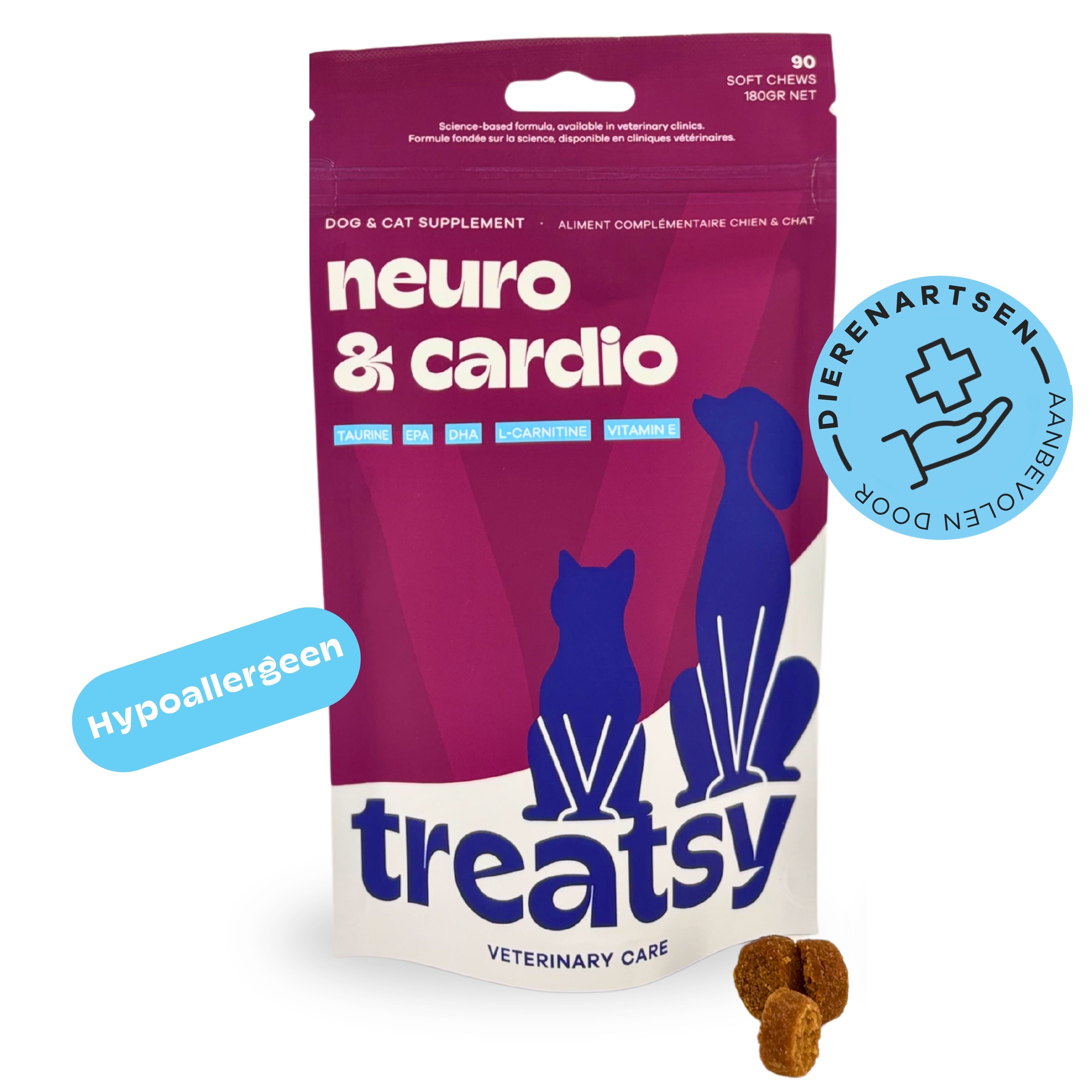 Zakje met opschrift Neuro & Cardio. Merk: Treatsy. Voor honden en katten. Tekst: Aanbevolen door dierenartsen, Hypoallergeen.