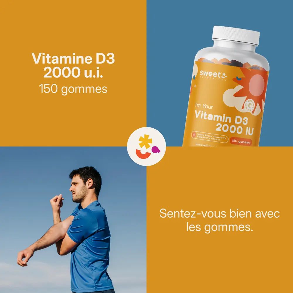 Vitamine D3 2000 UI en gommes. Trois bouteilles avec étiquette. 150 gommes. Nuages bleus en arrière-plan.